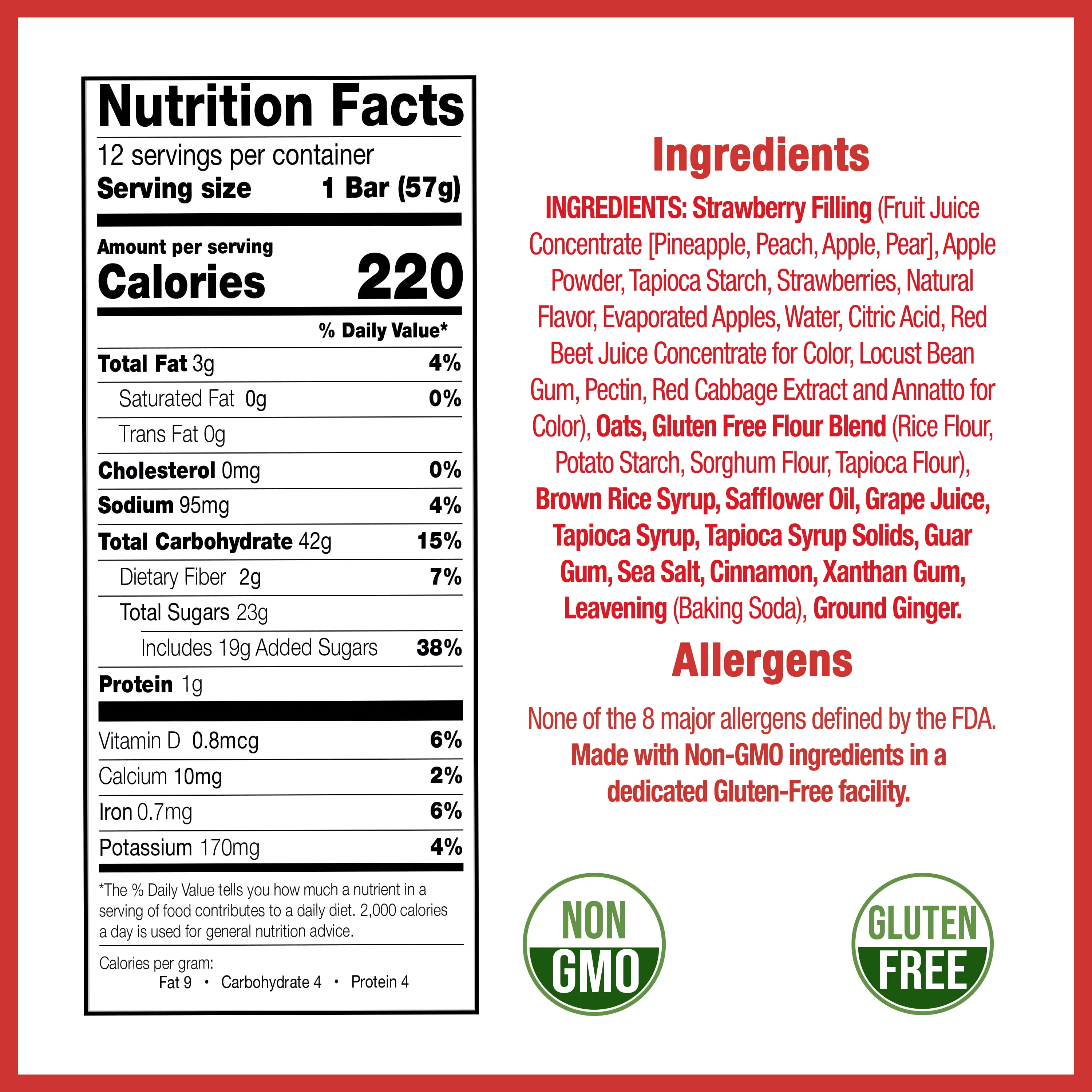 Betty Lou's Strawberry Fruit Bars, Vegan, Gluten Free Snack Bars 12 Ct.