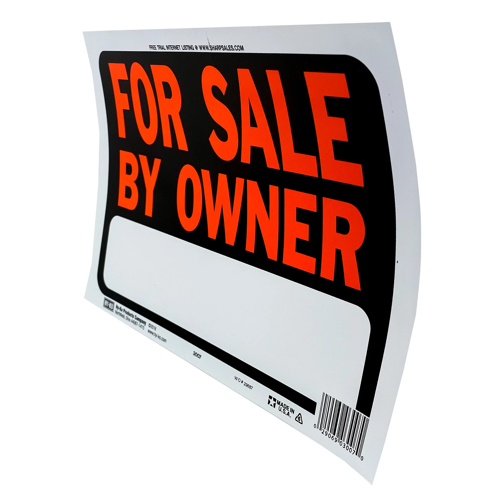 Hy-Ko Plastic For Sale By Owner Sign, 8.5 x 12 inch, Text Box