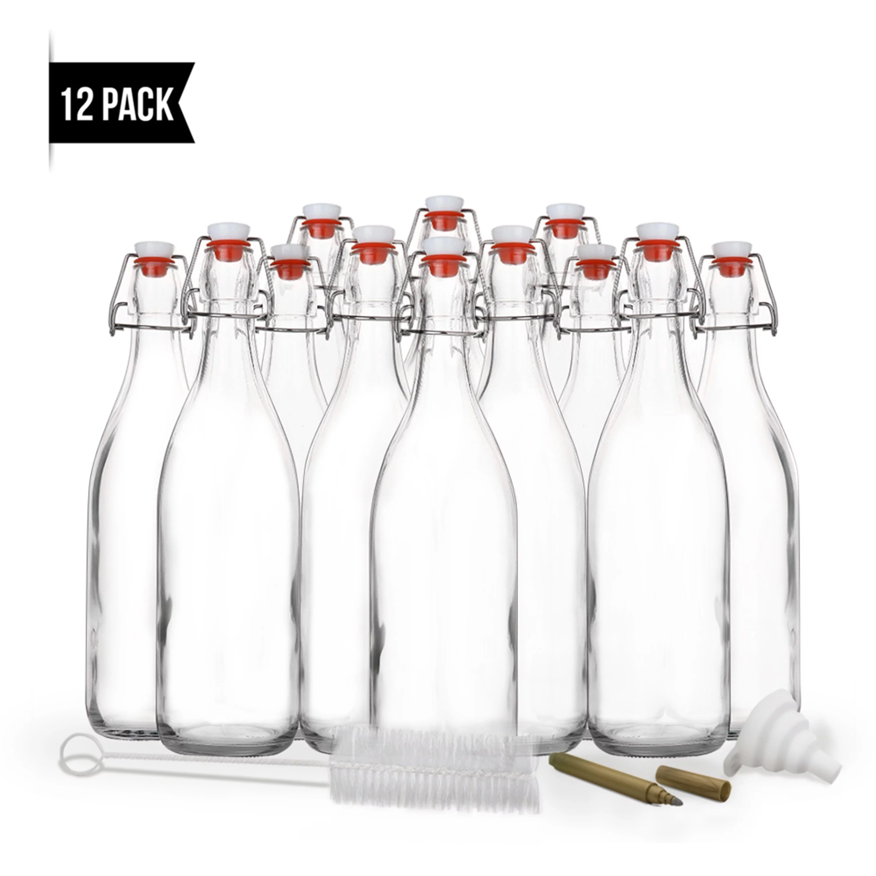 Nevlers 17 oz Square Swing Top Glass Bottles (Pack of 12) | Includes Funnel, Brush and Marker