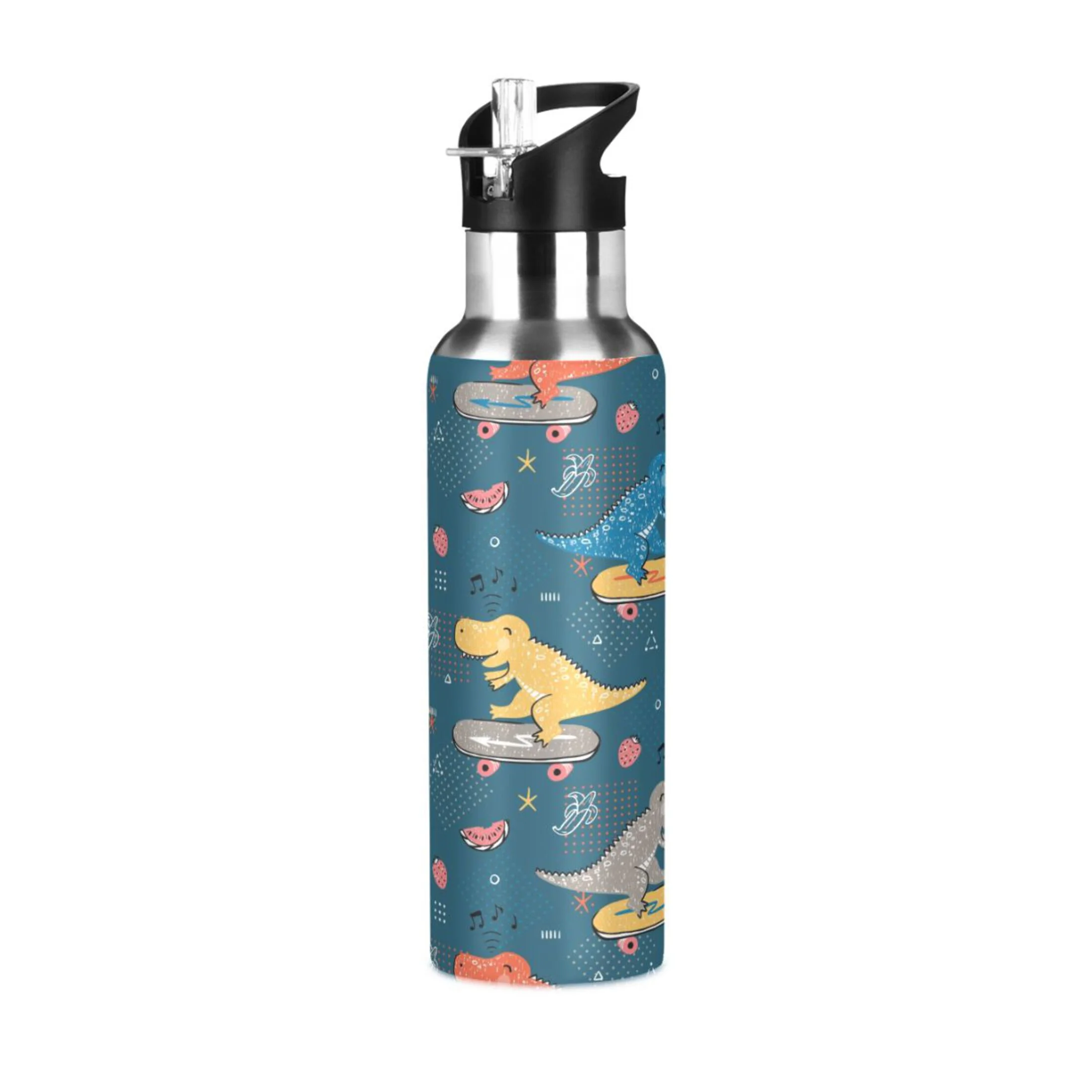 Stainless Steel Water Bottle Cute Dinosaur Skater with Straw Lid Vacuum Insulated Keeps Hot and Cold Leak Proof Flask Jug for Gym Travel Sports Cycling Outdoor 20 OZ