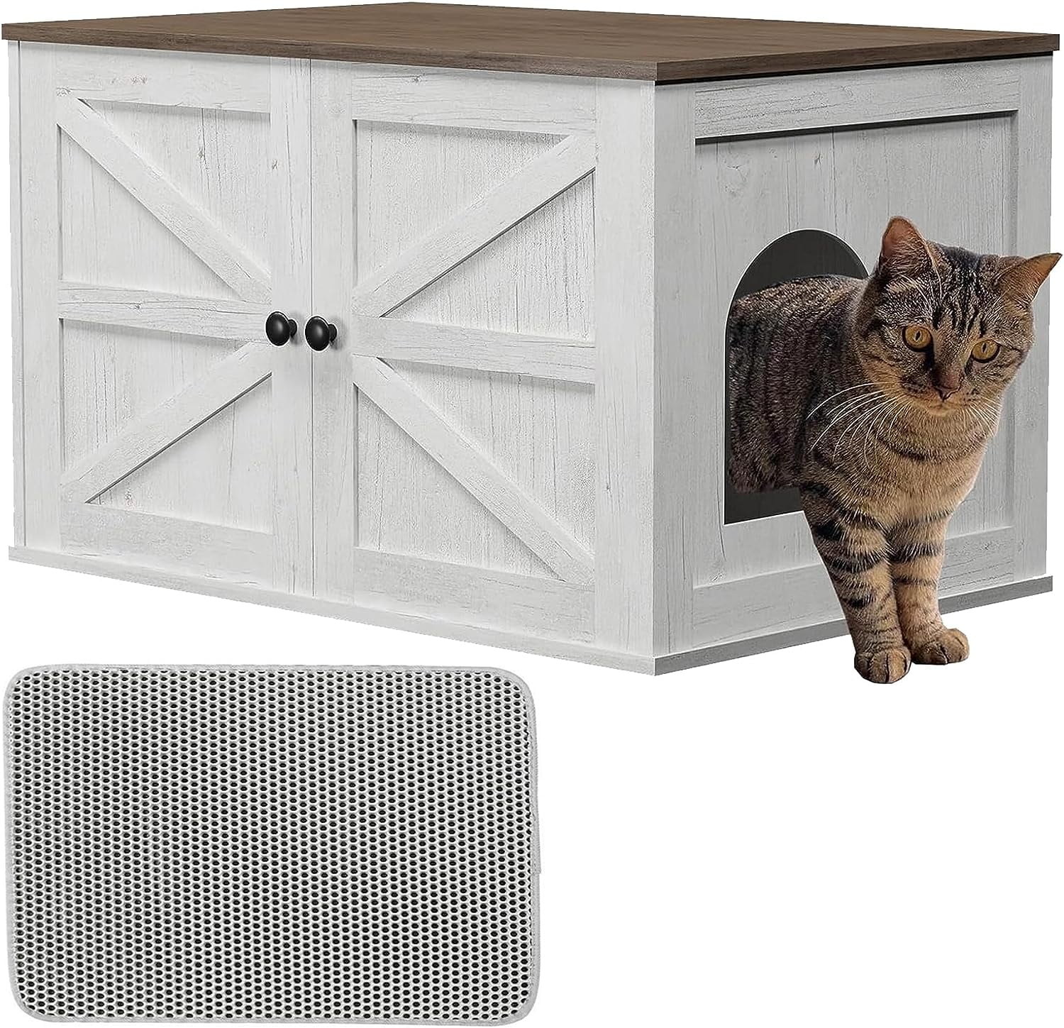 Cat Litter Box Enclosure with Cat Litter Trapping Mat, Indoor Cat House, End Table White
