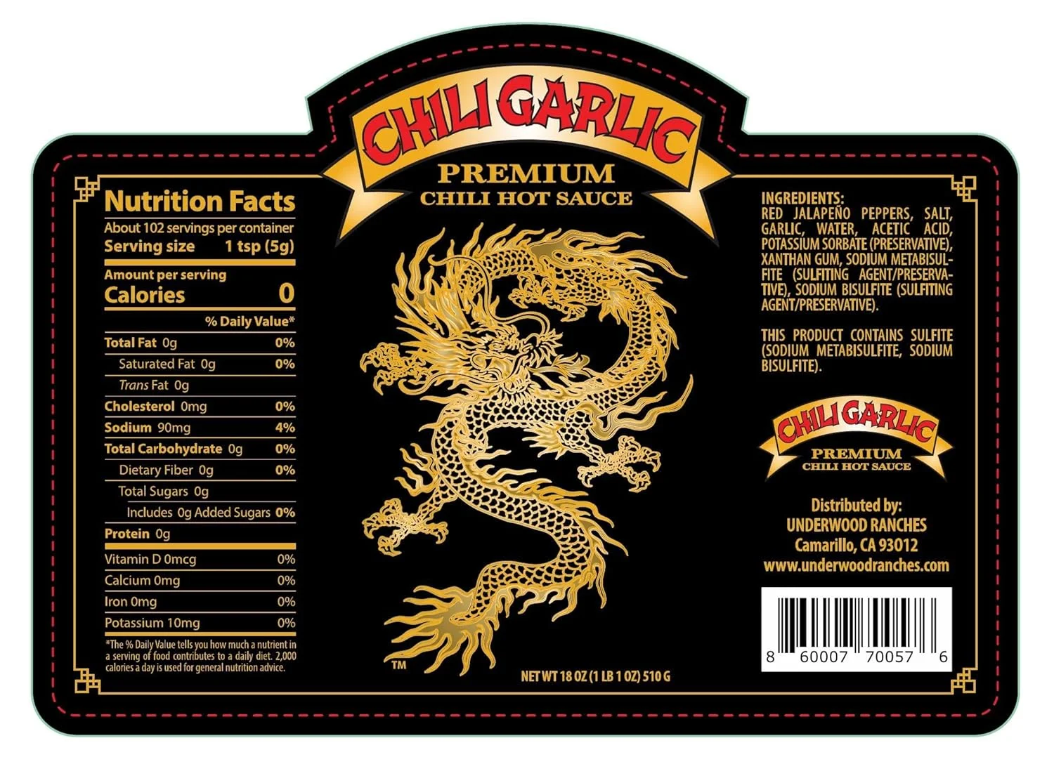 Underwood Ranches Dragon Chili Garlic 2 pack of 18 oz bottles made from Red Jalapeno Sriracha Peppers