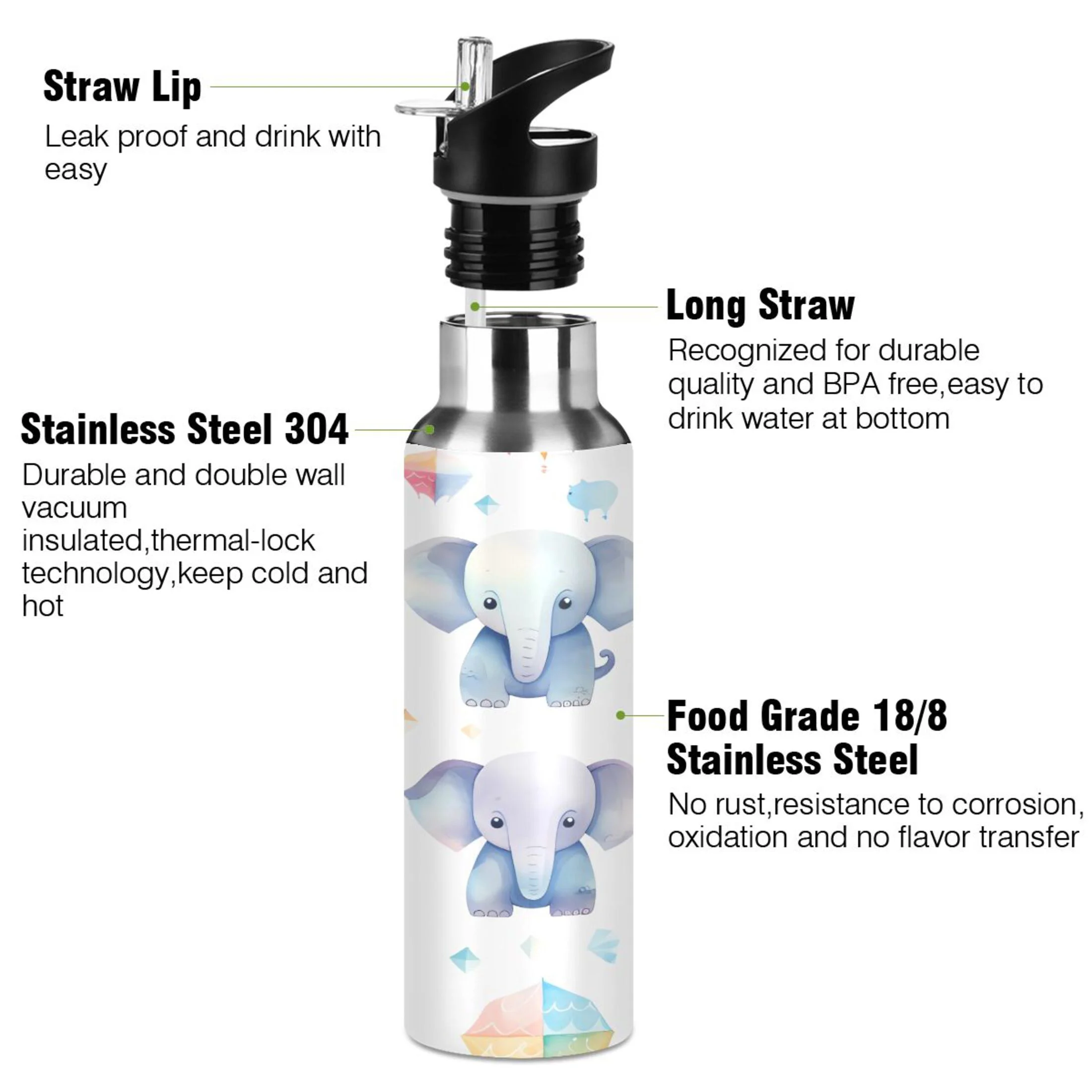 Water Bottle with Straw Lid Leak Cute Elephants Stainless Steel Insulated Thermos Vacuum Flask for Cold Hot Drinking for Sports Camping Gym Yoga