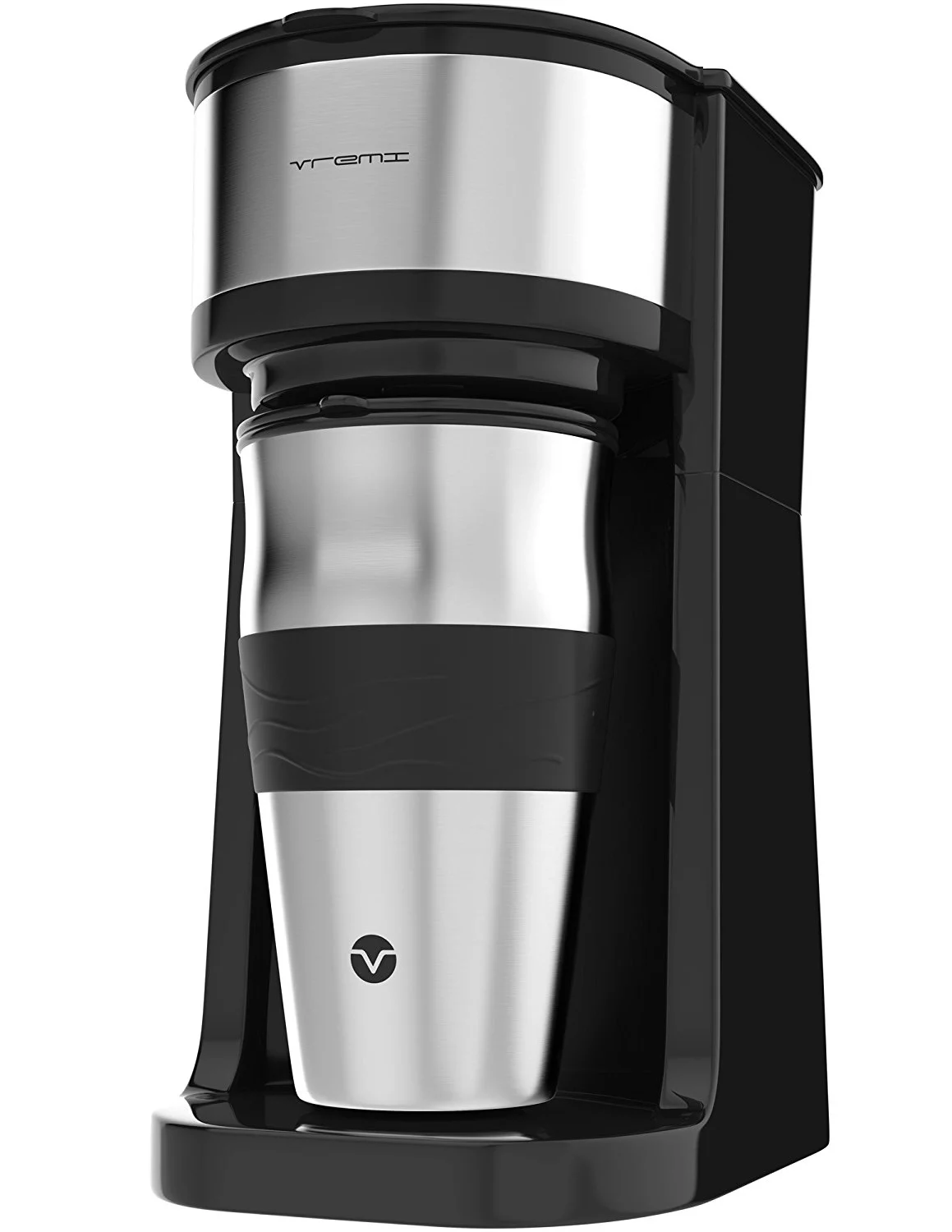 Vremi Single Cup Coffee Maker - includes 14 oz Travel Coffee Mug and Reusable Filter - Personal 1 Cup Drip Coffee Maker to Brew Ground Beans - Black and Silver Single Serve One Cup Coffee Dr
