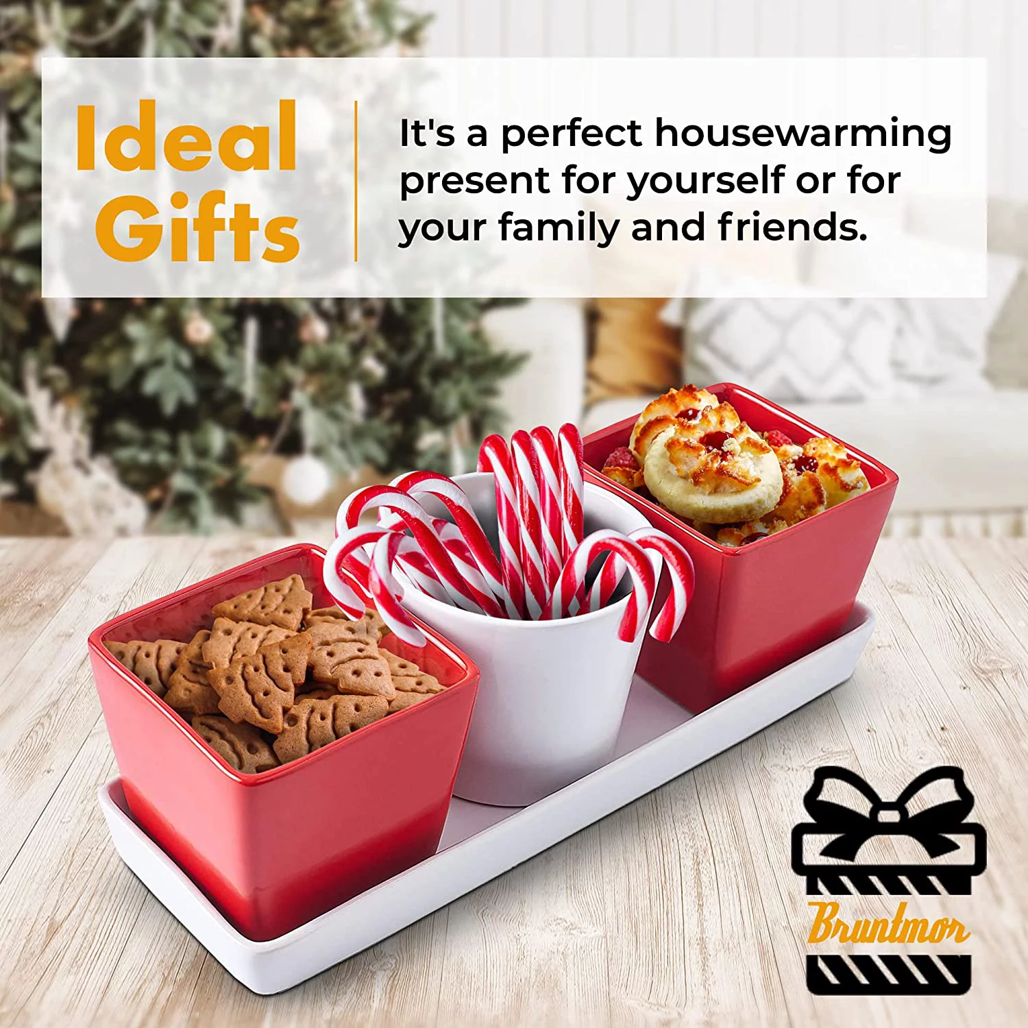 Bruntmor 4-Piece Ceramic Tray with Three compartment serving Bowl Dishes, Modern and versatile design Dining serve-ware, Matte Black