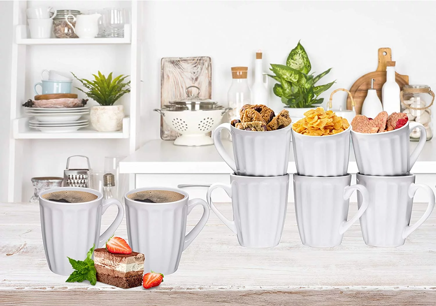 Bruntmor | Set Of 6 Large-Sized 16 Ounce To Rim Ceramic Coffee Grooved Mugs