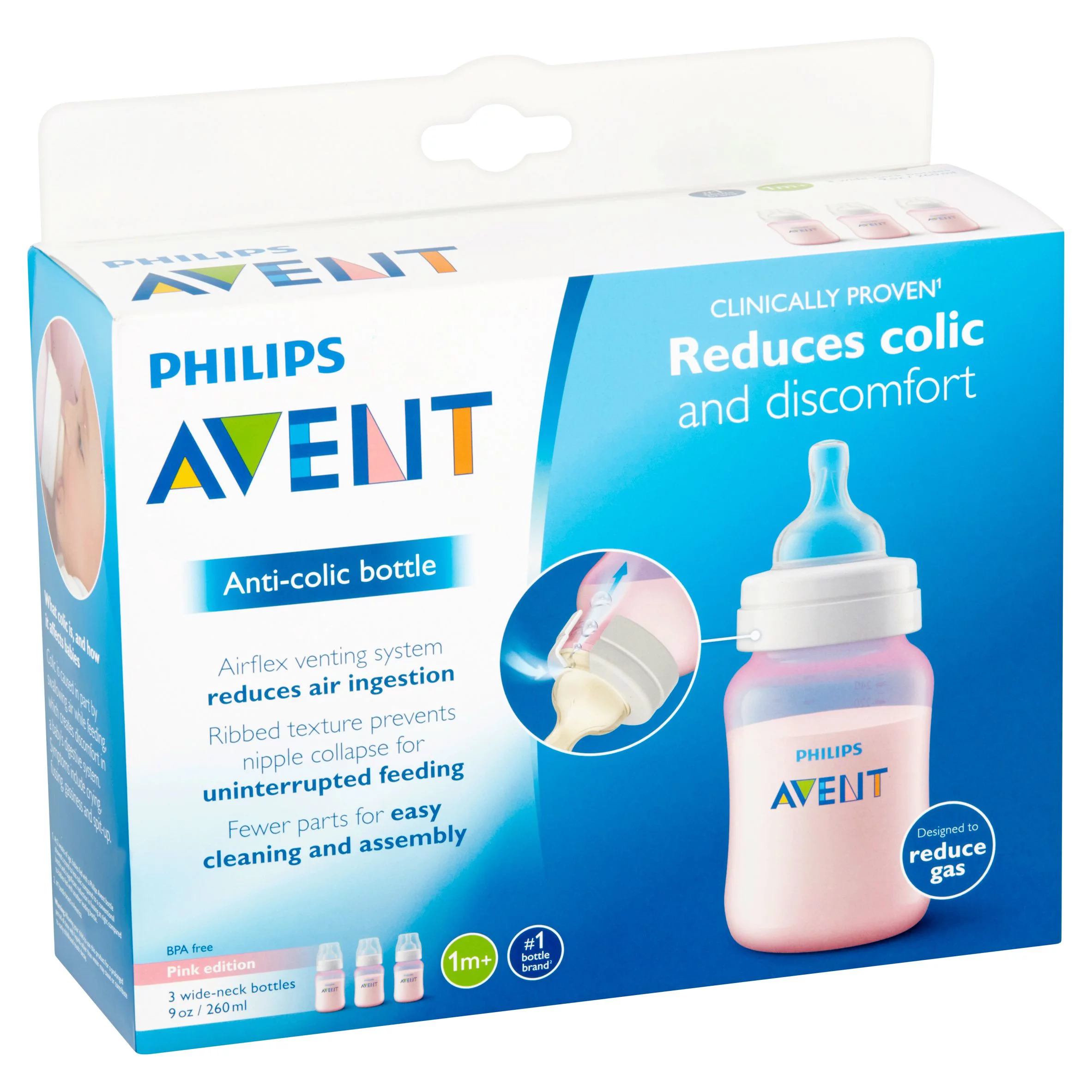 Philips Avent 9 oz Pink Edition Anti-Colic Wide-Neck Bottles 1m+, 3 count