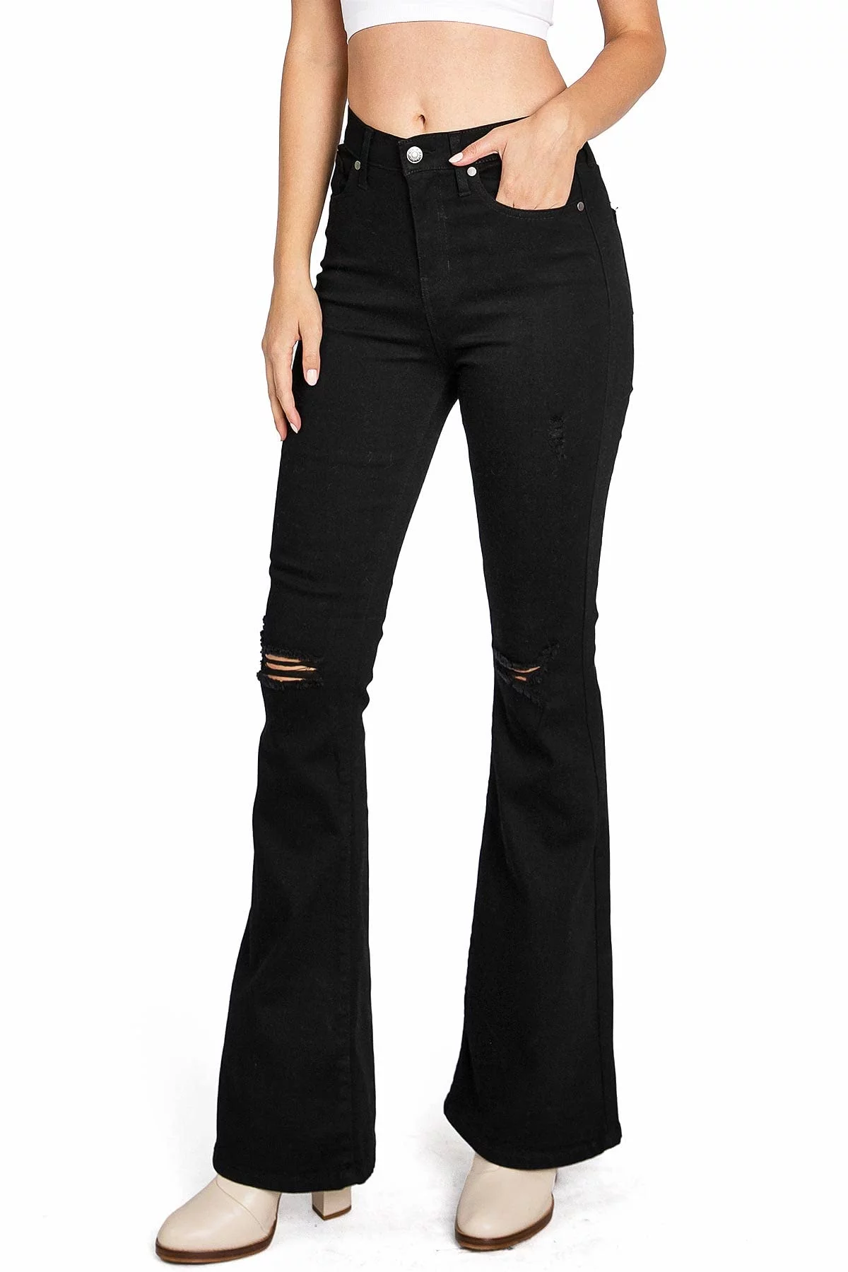 Celebrity Pink Jeans Women's Juniors High Waisted Flared Bell Bottoms (Distressed Black, 3)