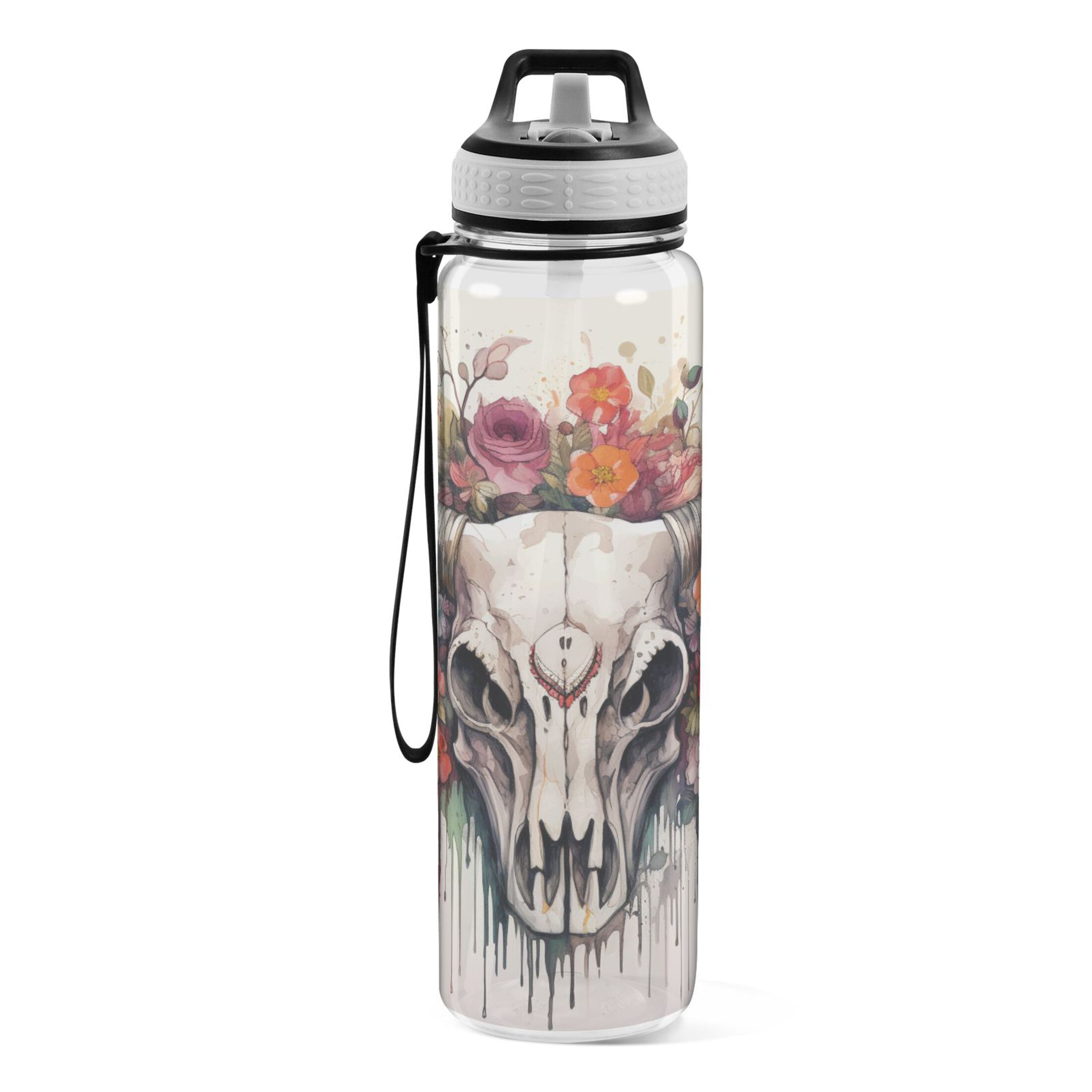 Flowers on Skeleton 32oz Sports Water Bottles Leakproof Tritan Bottle with Straw BPA Free Clear Bottle for Fitness Gym Outdoor Cycling