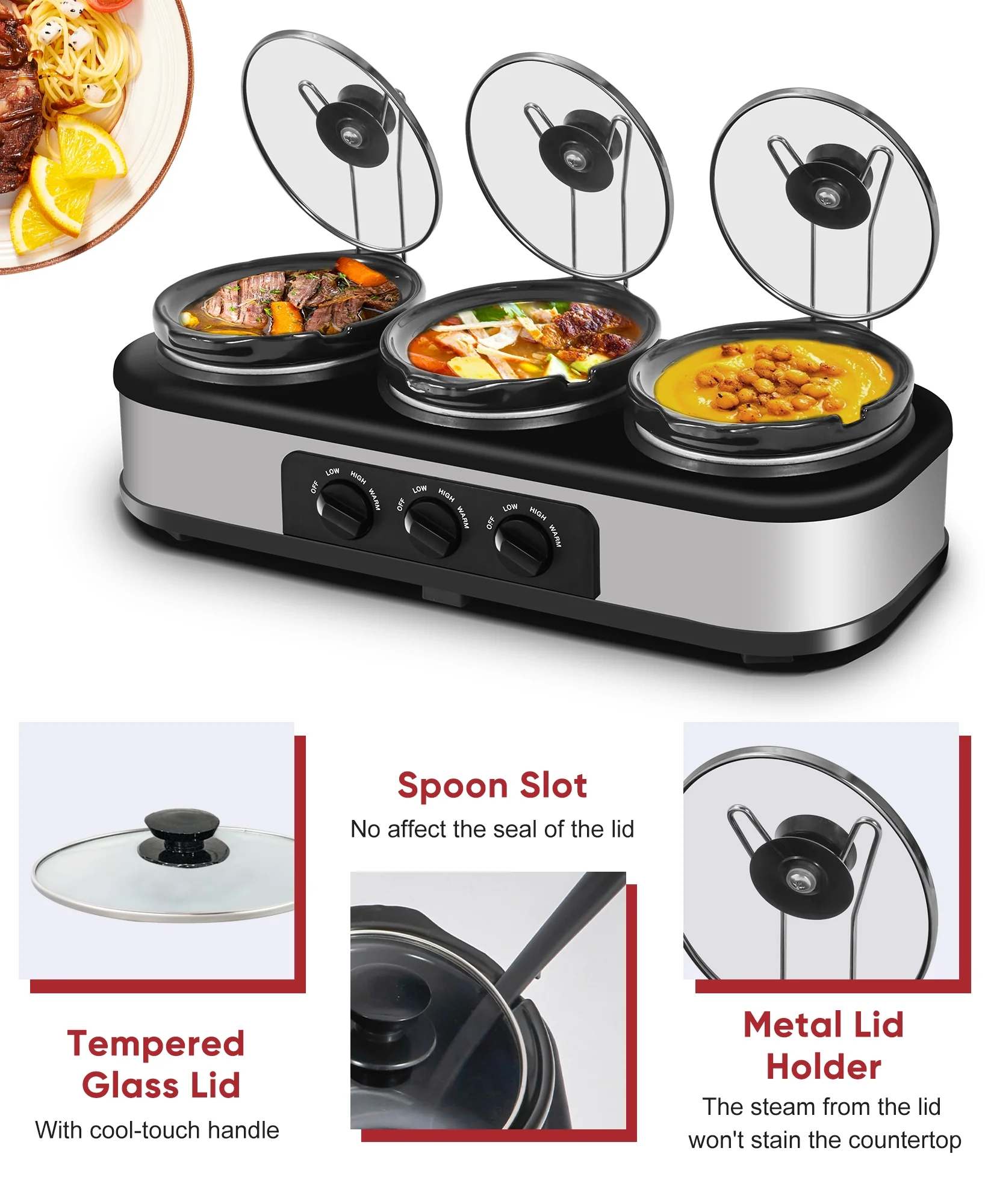 CozyHom 3-Pot Electric Slow Cooker, 4.5 Qt Food Warmer Pot with Adjustable Temp Removable Pots Lid Rests Pot, Black