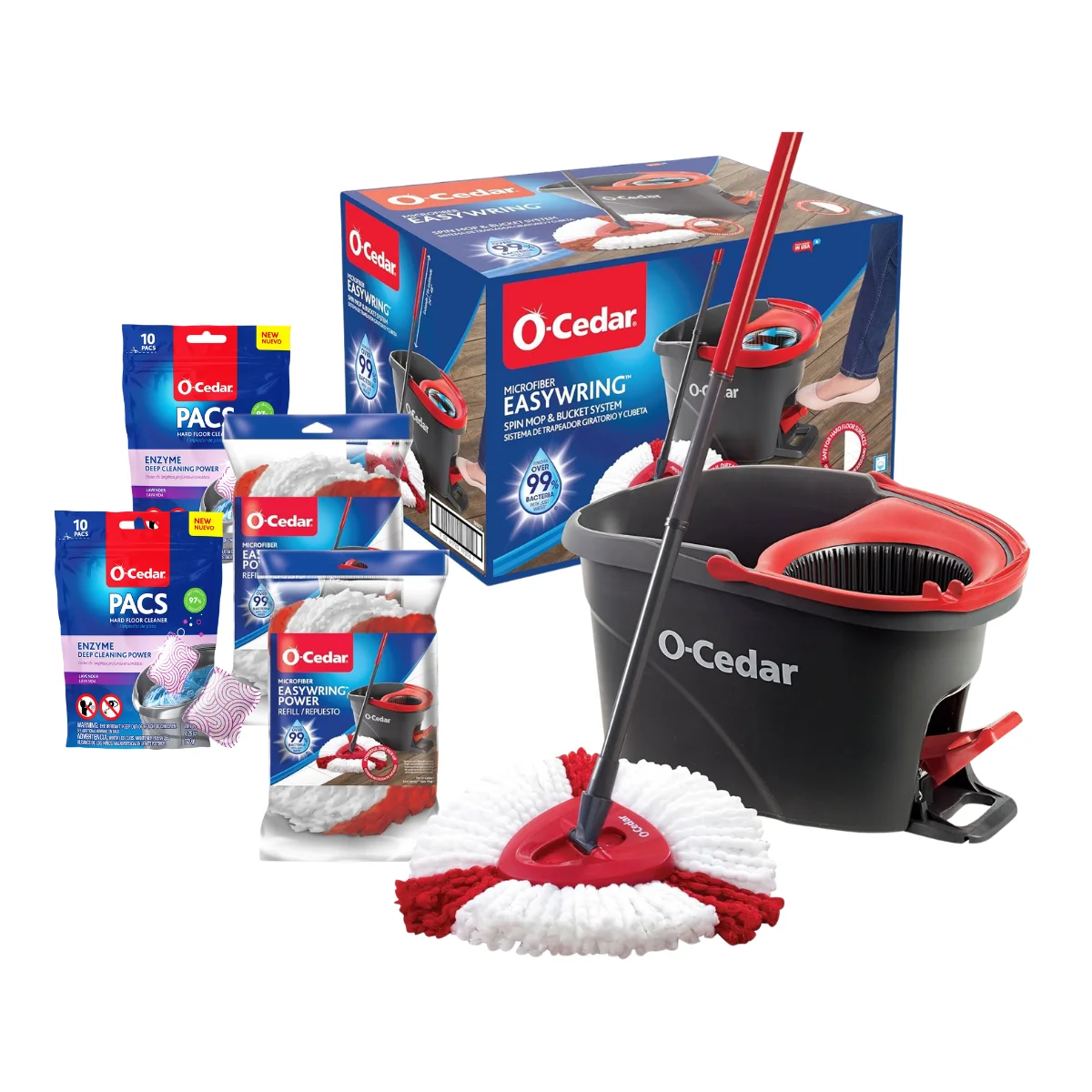 O-Cedar EasyWring Spin Mop & Bucket System +2 Power Refills with 2 Lavender Cleaning PACS (Variety Pack)