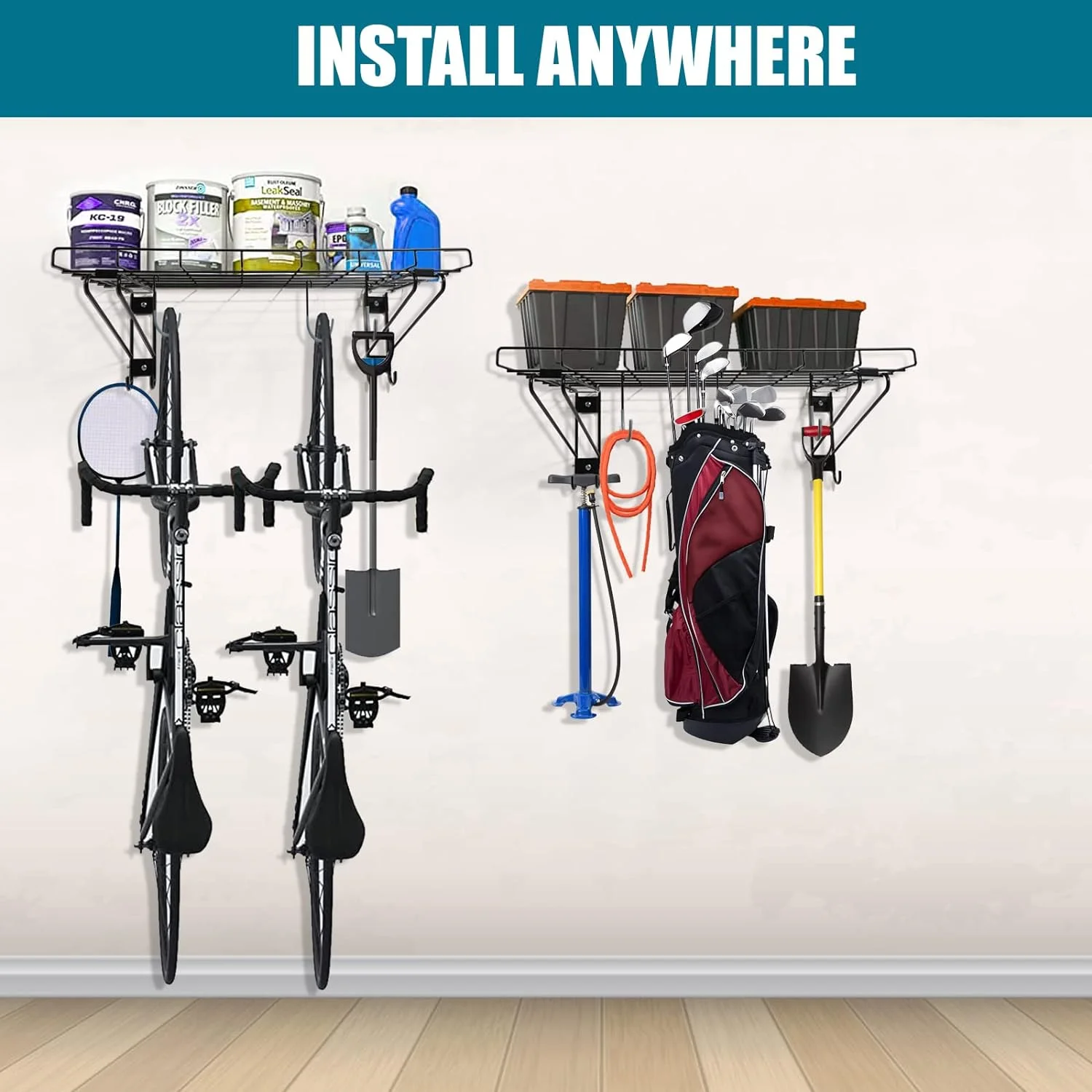 Garage Wall Shelving,2-Pack 1.5x3 ft,Includes 6 Bike Hooks,Garage Wall-Mounted Shelving,Garage Wall Shelving Heavy Duty,300 lbs Weight Capacity (Black)