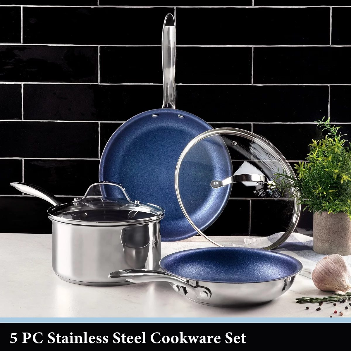 Granitestone Blue Nonstick Cookware Set, Tri-Ply Base, Stainless Steel Pots & Pans Set, 5 Piece Cookware, Includes, Frying Pans, Stock Pots & Skillets, Dishwasher & Induction Safe, Stay Cool Handles