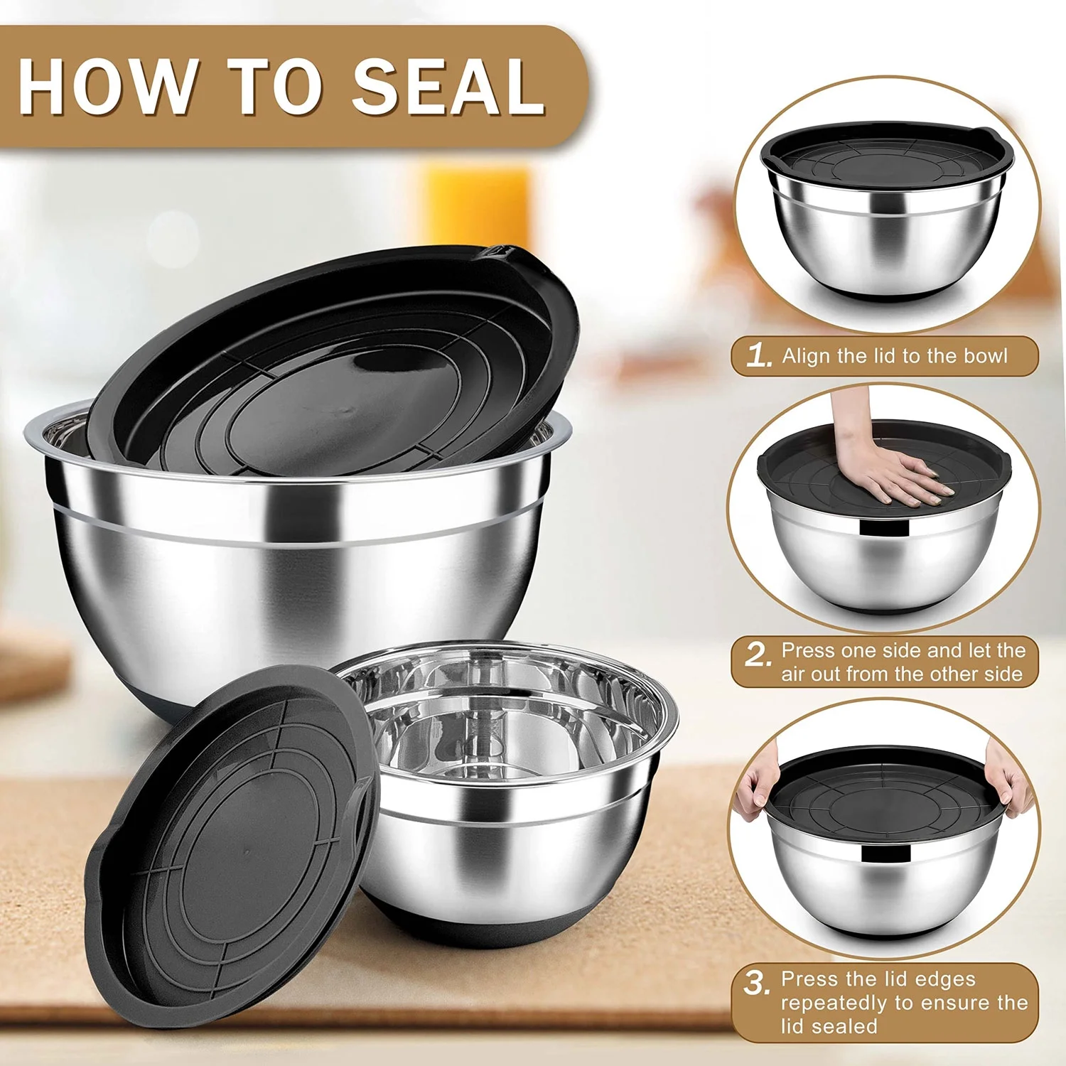 Coliware Mixing Bowls with Airtight Lids Set of 4, Stainless Steel Large Nesting Metal Bowls with Fitting Lids and Non-Slip Silicone Bottom, 7, 3.5, 1.5, 1QT - Black