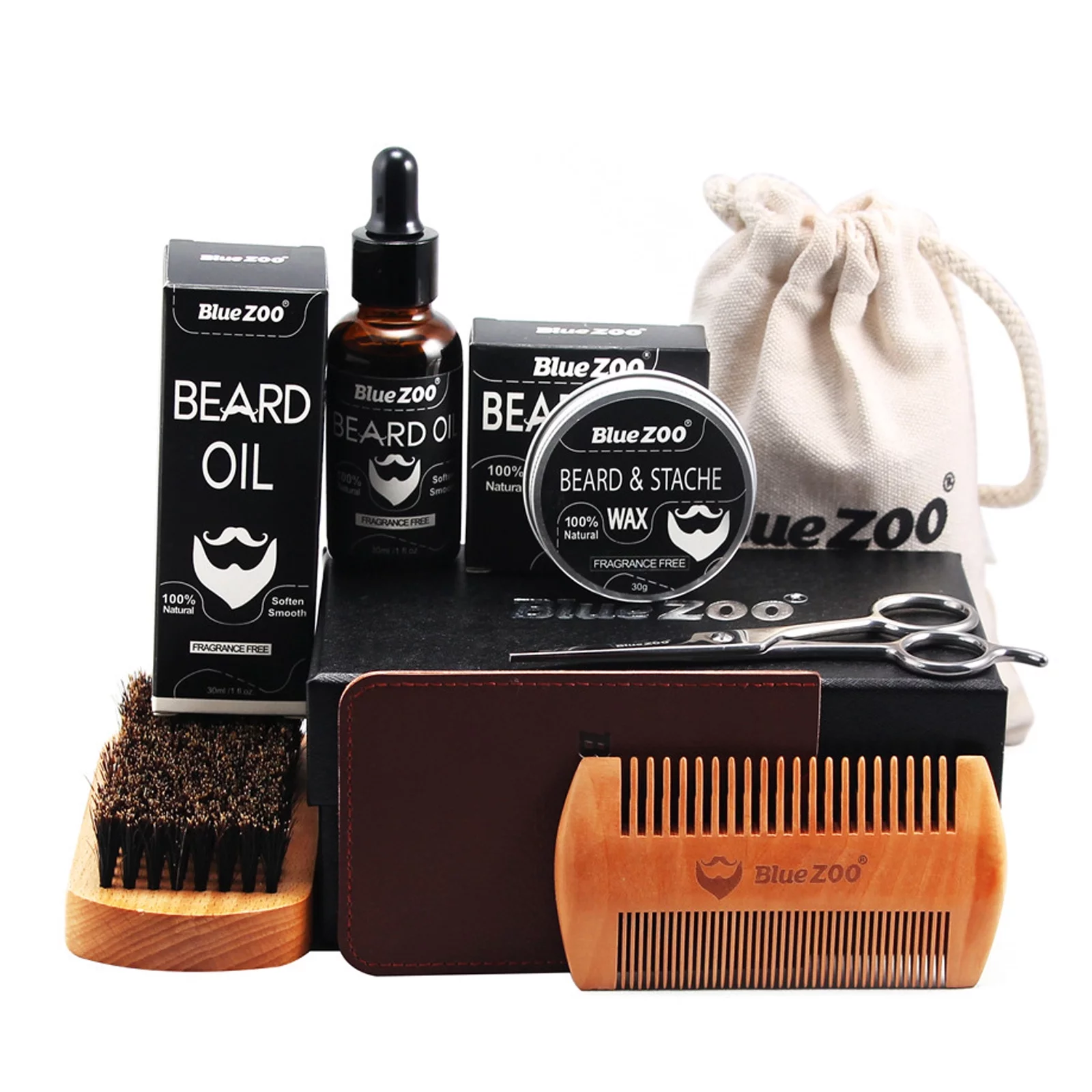 Walmeck 7 Piece Beard Grooming Care Kit , Beard Growth Kit for Men , Includes Beard Oil, Balm, Comb, Brush, Scissor, Storage Bag