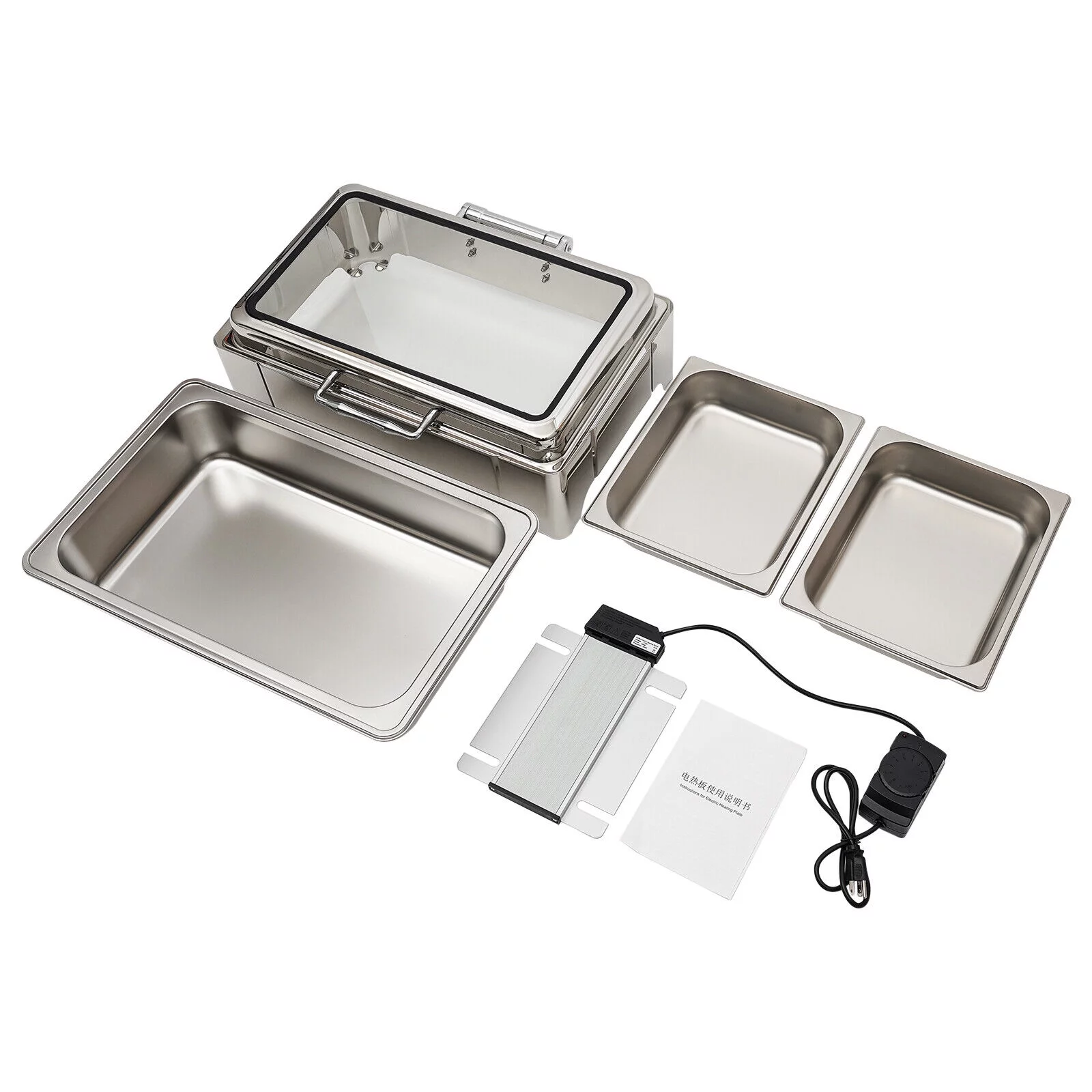 Oukaning 9.5qt Commercial Chafing Dish Buffet Set Stainless Steel Chaffing Server Set with Glass Lid 35-80℃ Adjustable Temperature