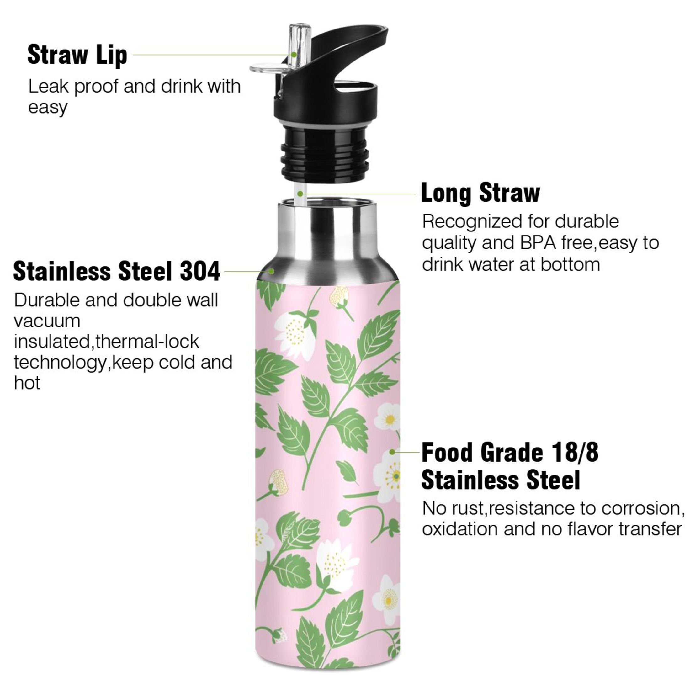 Summer Flower and Leaf Water Bottles Insulated Thermos Kids Stainless Steel Bottle with Straw Lid Flask Leakproof for Sports Gym 20 oz