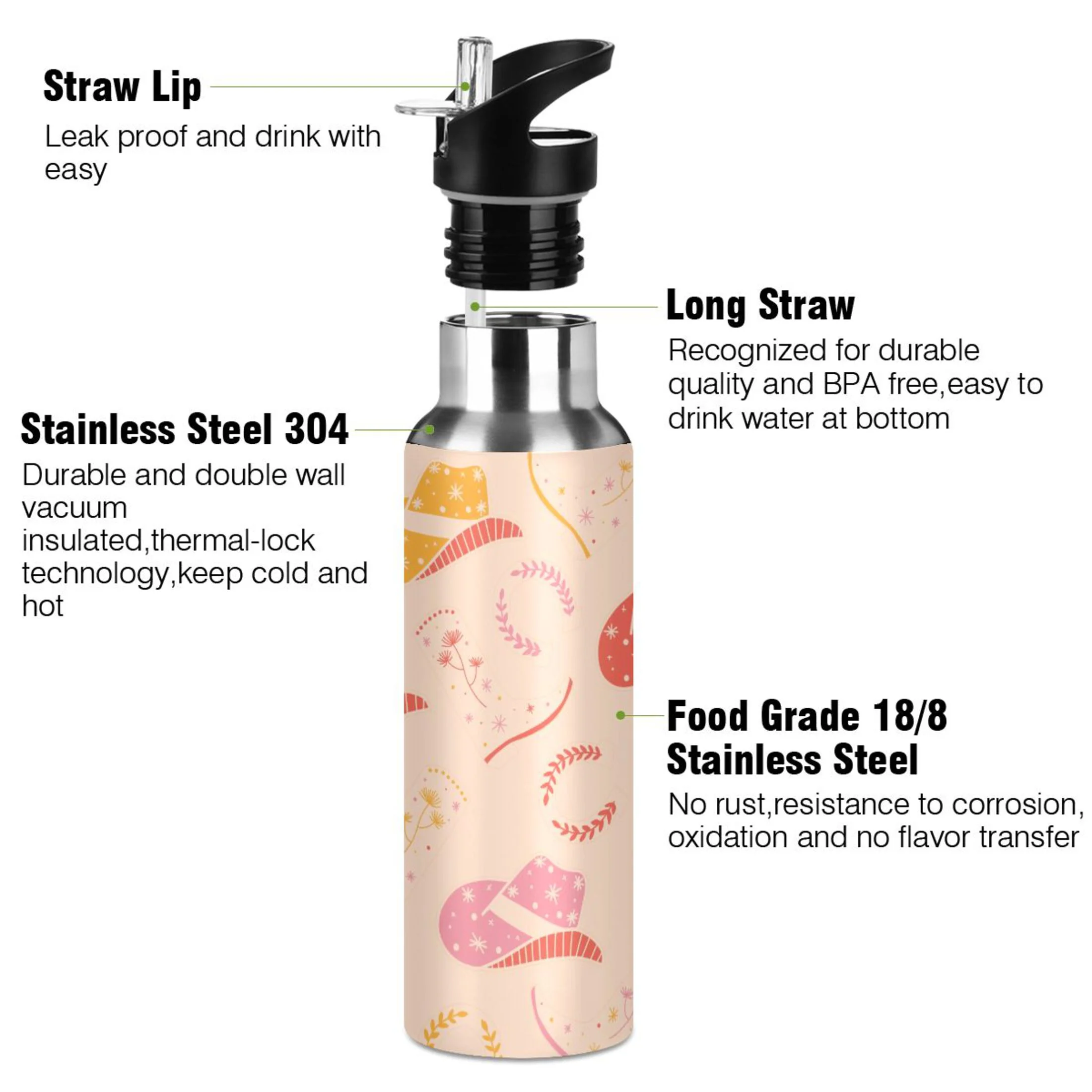 Water Bottle with Straw Lid Leak Orange Hat Boots Stainless Steel Insulated Thermos Vacuum Flask for Cold Hot Drinking for Sports Camping Gym Yoga