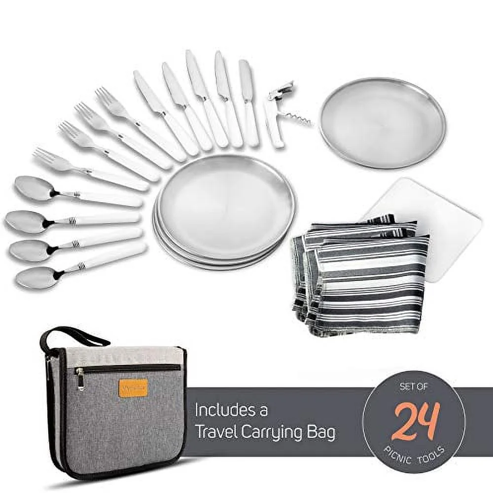 Wealers Camp Kitchen Utensils Set - 24 Piece Stainless Steel Travel Silverware Organizer with case - Reusable Cooking Utensils for 4 Person - Perfect for Hiking, Picnics, Backpacking & BBQ
