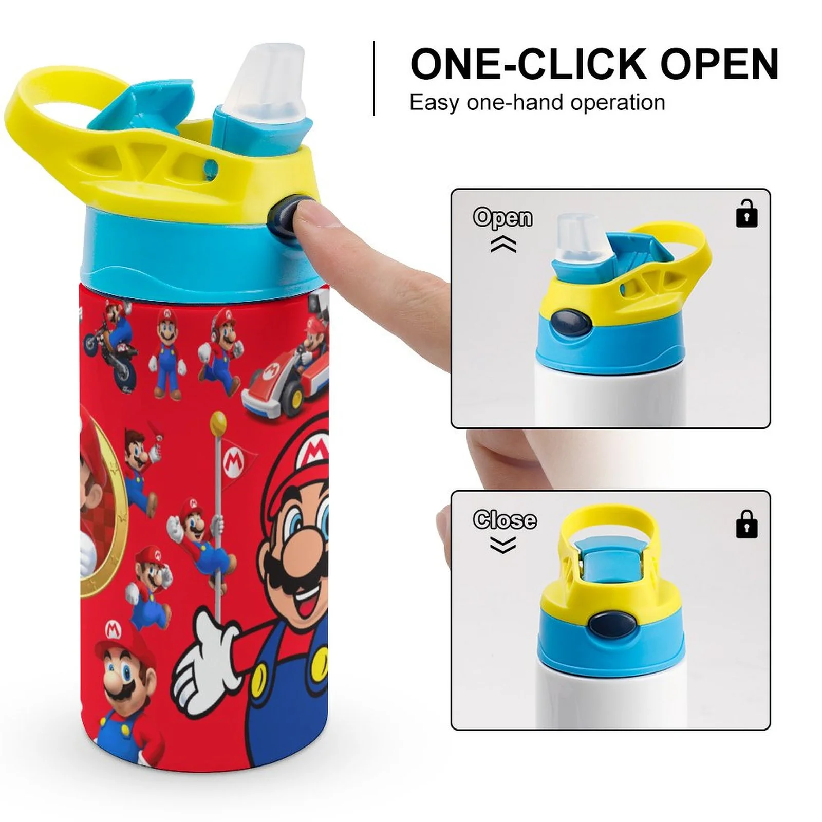 Mario Character Kid's Insulated Water Bottle With Straw Vacuum Stainless Steel Cup Leak-Proof Children Toddler Thermoses