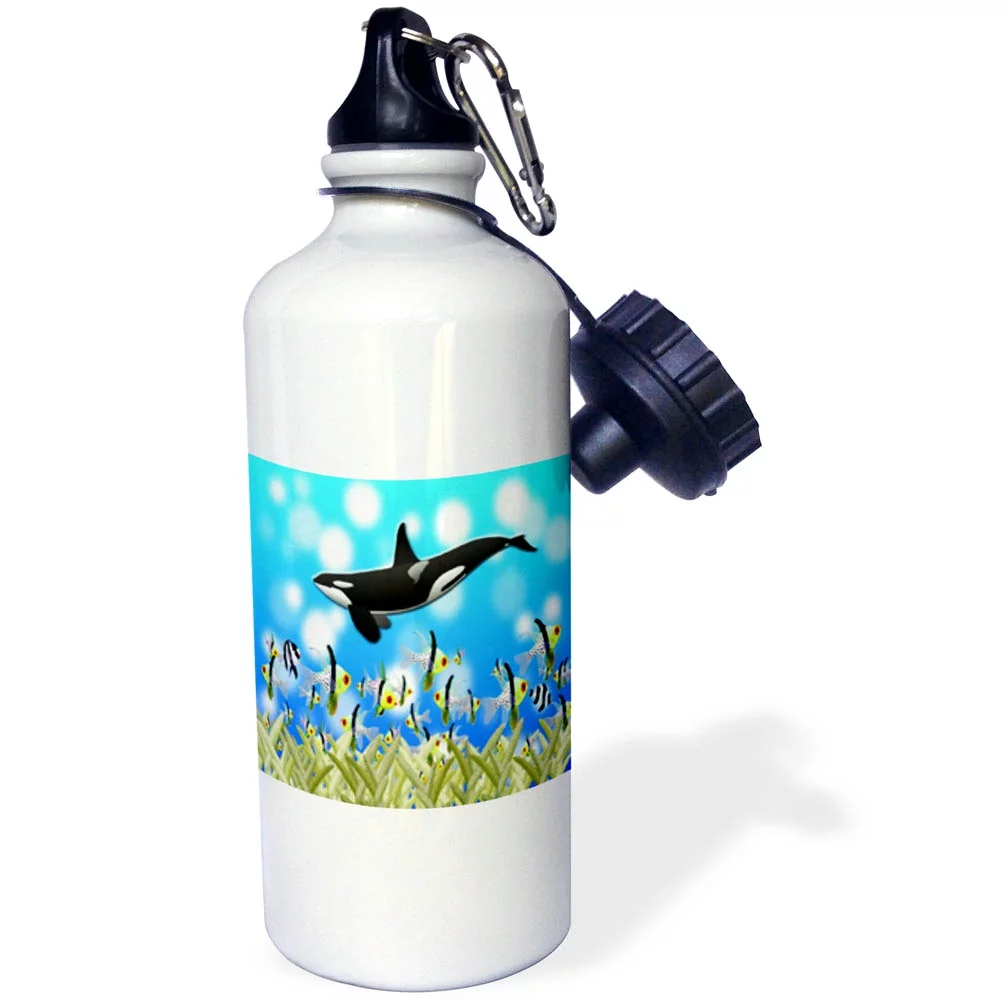 3dRose Killer whale under water ocean art with ocean fish and coral accents - Straw Water Bottle, 21-ounce