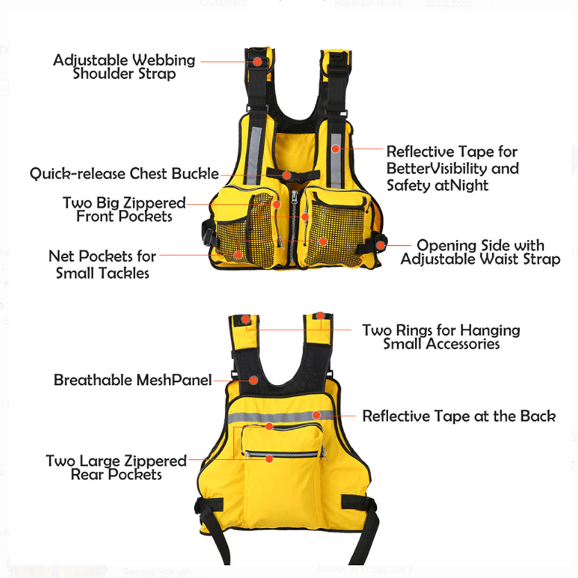 Sunisery Adult Adjustable Life Jacket Vest Marine Reflective Sailing Kayak Fly Fishing