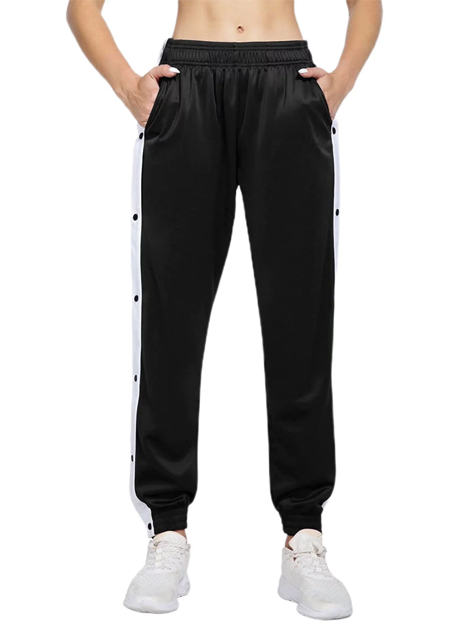 Womens Sporty High Split Side Striped Joggers Snap Button Track Pants Snap Closure Wide Leg Trousers