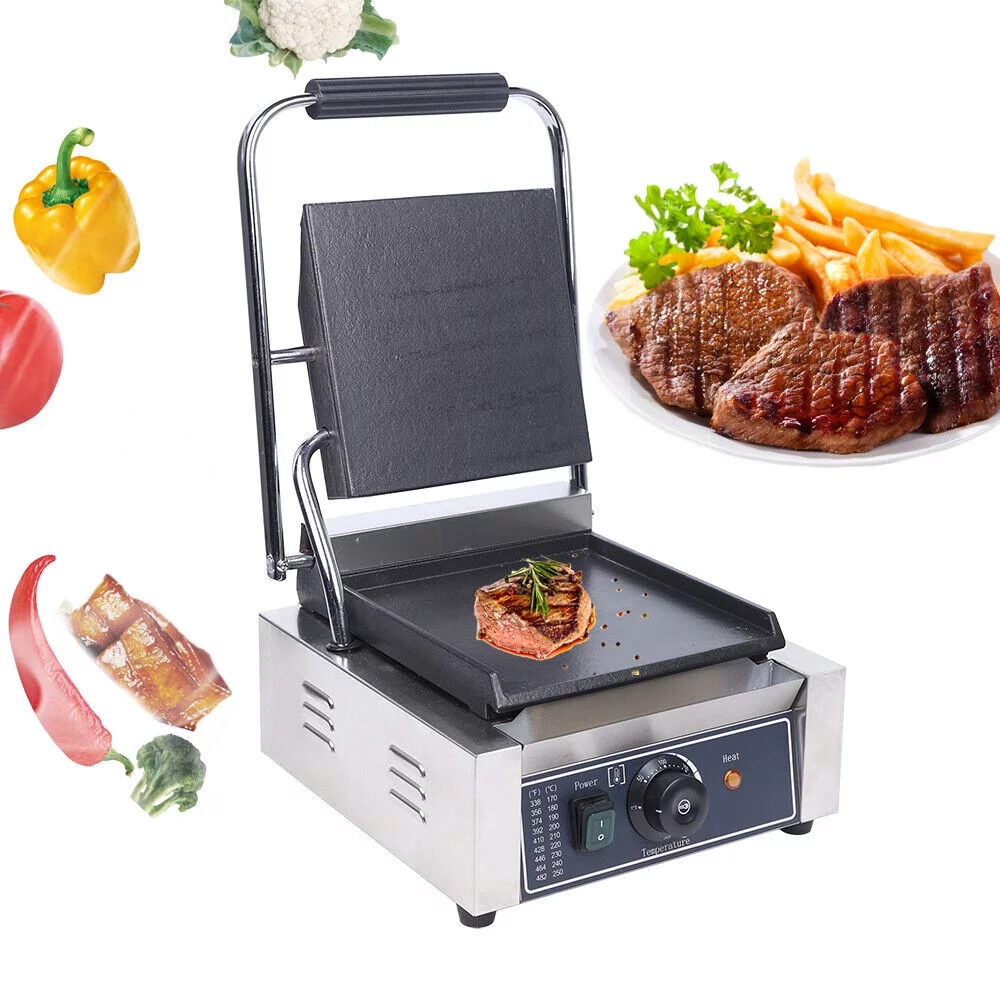1800W Single Panini Sandwich Press Grill Smooth Flat Surface Restaurant Cafe Pancake Machine 110V 50-300℃ (122-572℉)