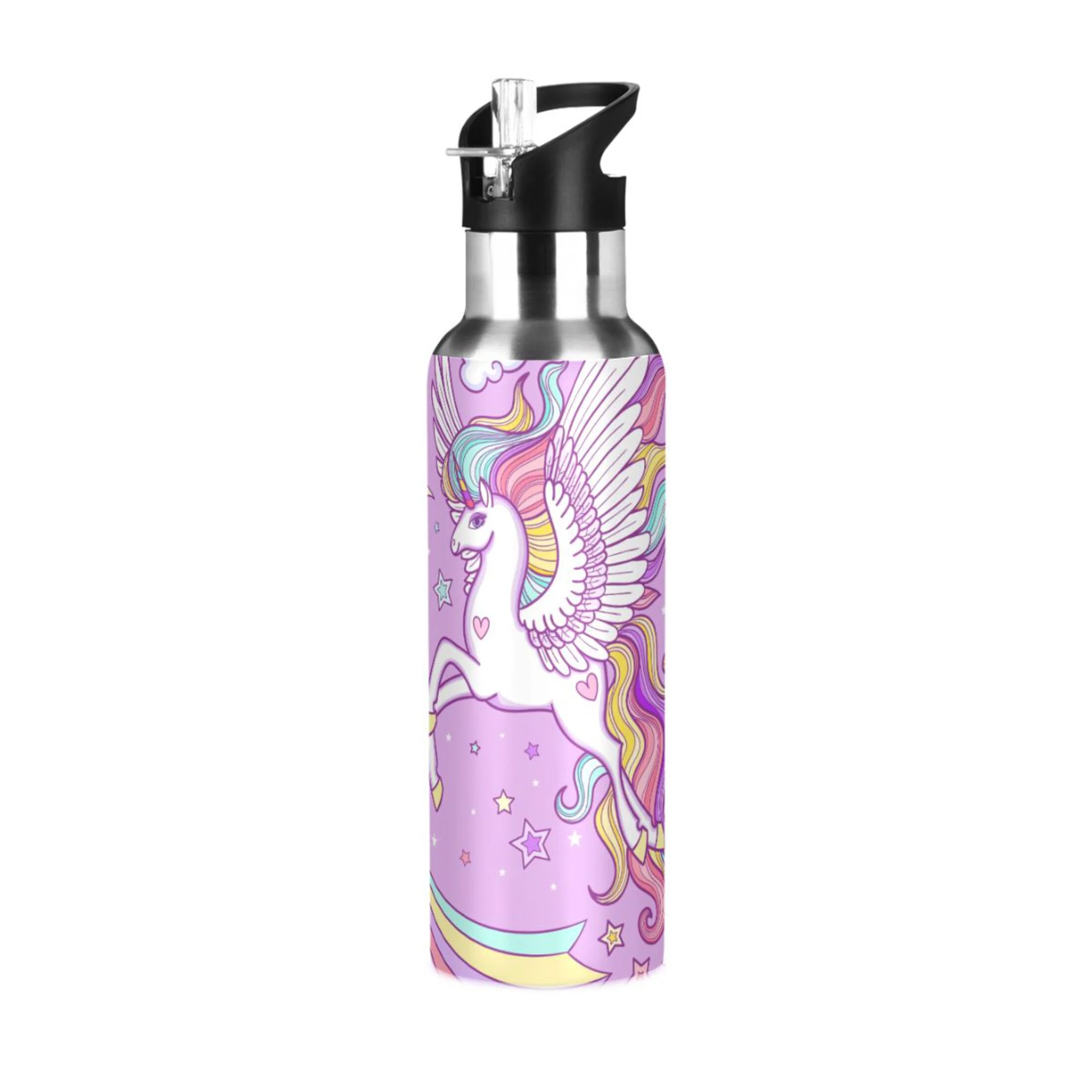 Stainless Steel Water Bottle Stars and Clouds Cute Unicorn with Straw Lid Vacuum Insulated Leak Proof Flask Jug for Gym Travel Sports Cycling Outdoor 20 OZ