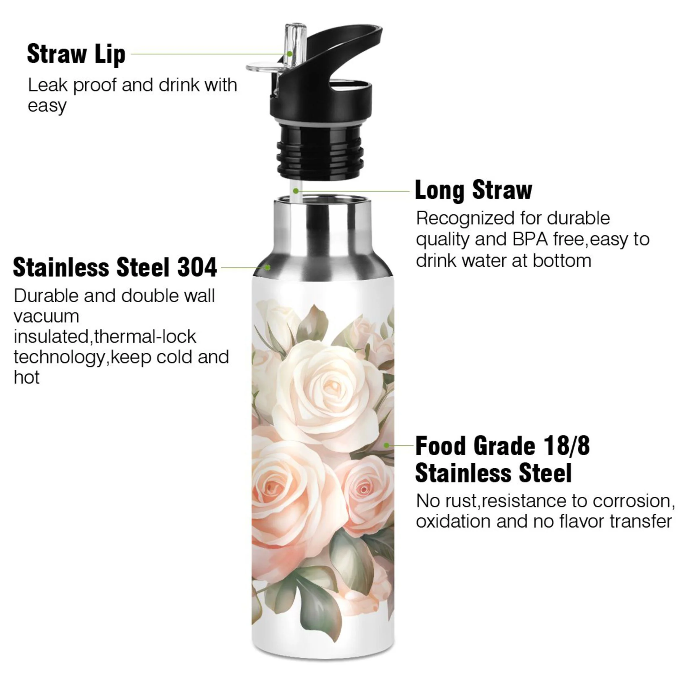 Water Bottle with Straw Lid Leak Roses Flowes Leaves Stainless Steel Insulated Thermos Vacuum Flask for Cold Hot Drinking for Sports Camping Gym Yoga