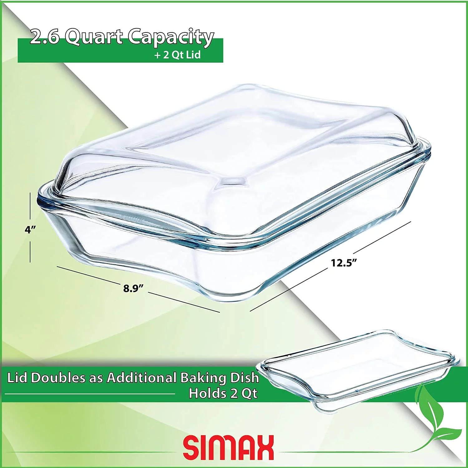 Simax Exclusive Rectangular Glass Roaster | With Plastic and Glass Lids, Borosilicate Glass, 2.6 Quart, Dishwasher Safe