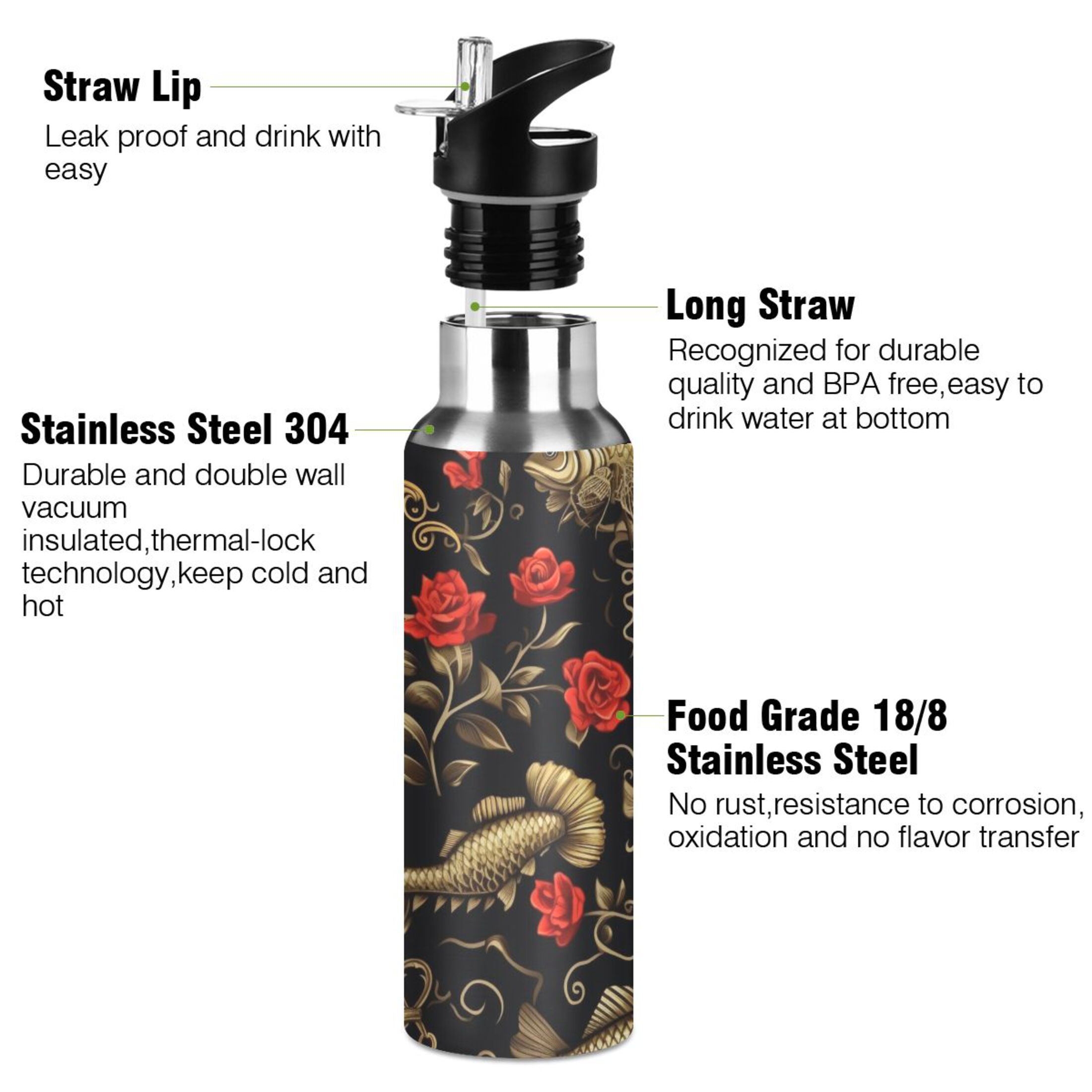 Fish Rose Flowers Retro Water Bottles Insulated Thermos Kids Stainless Steel Bottle with Straw Lid Flask Leakproof for Sports Gym 20 oz