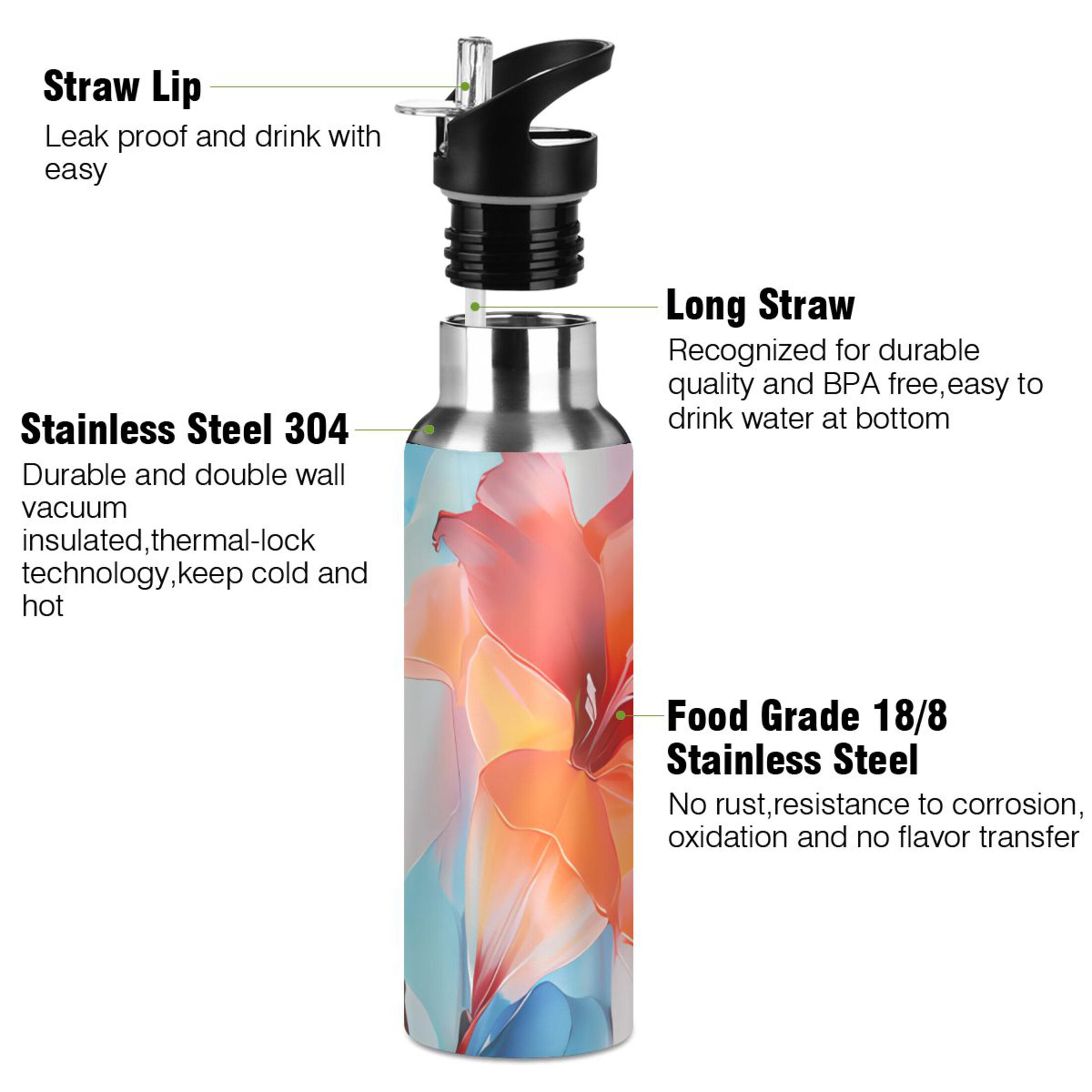 Abstract Hibiscus Flowers Water Bottles Insulated Thermos Kids Stainless Steel Bottle with Straw Lid Flask Leakproof for Sports Gym 20 oz