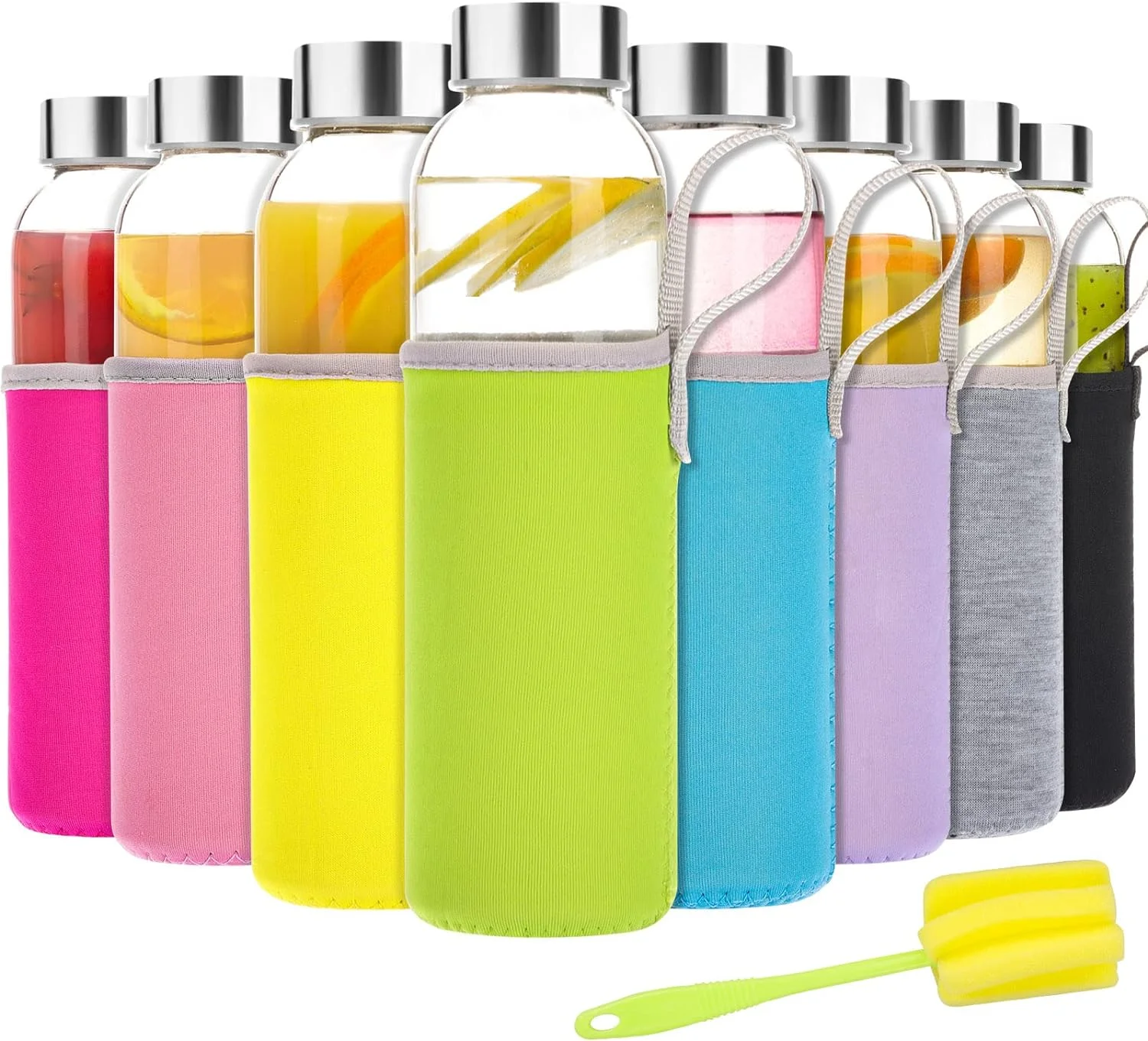 Fairy 8Pcs Glass Water Bottles, 18oz Glass Juice Bottles for Juicing, Glass Juice Bottle Reusable with Stainless Steel Cap with Colorful Nylon Protection Sleeve