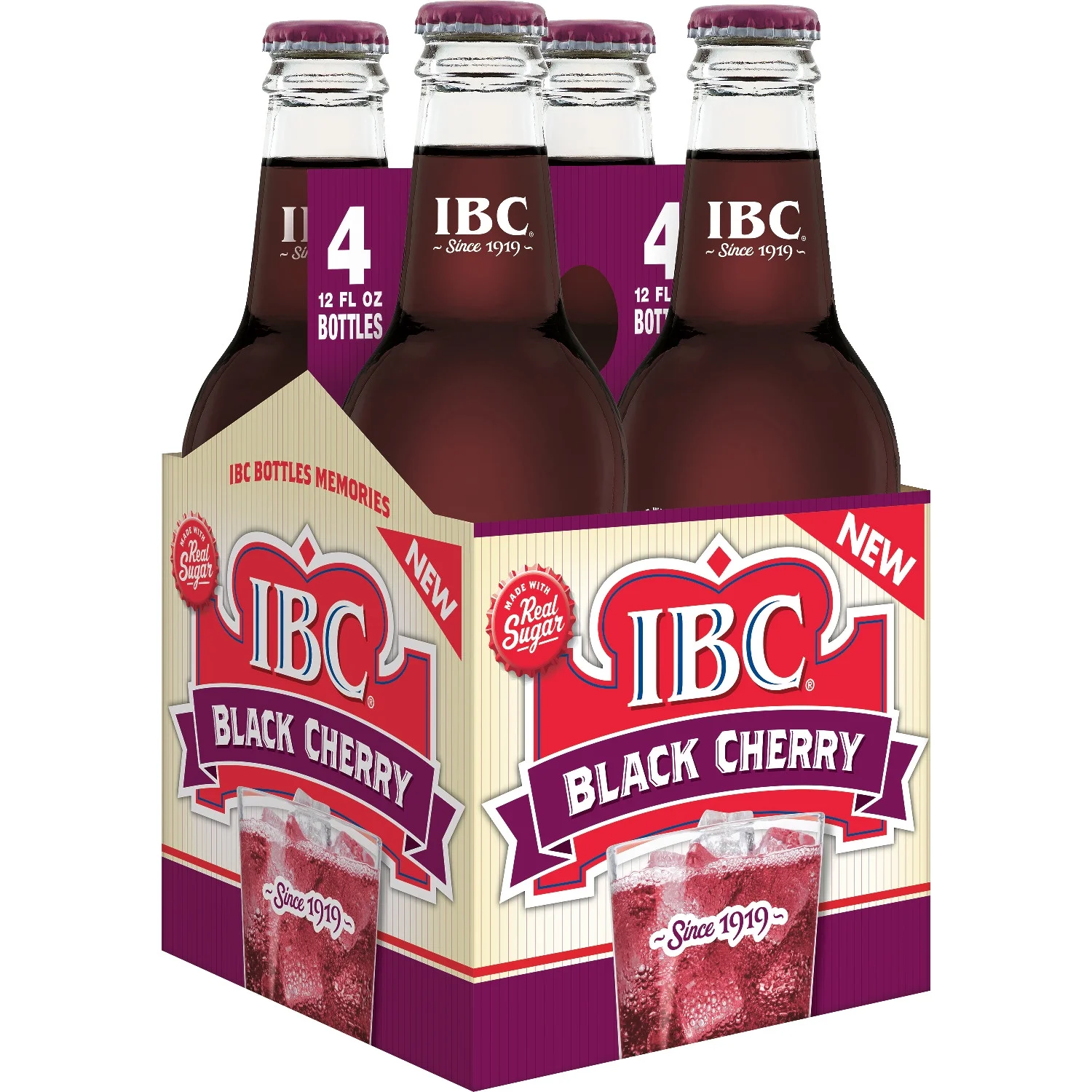 IBC Black Cherry Made with Sugar Soda, 12 fl oz, 4 Pack Glass Bottles