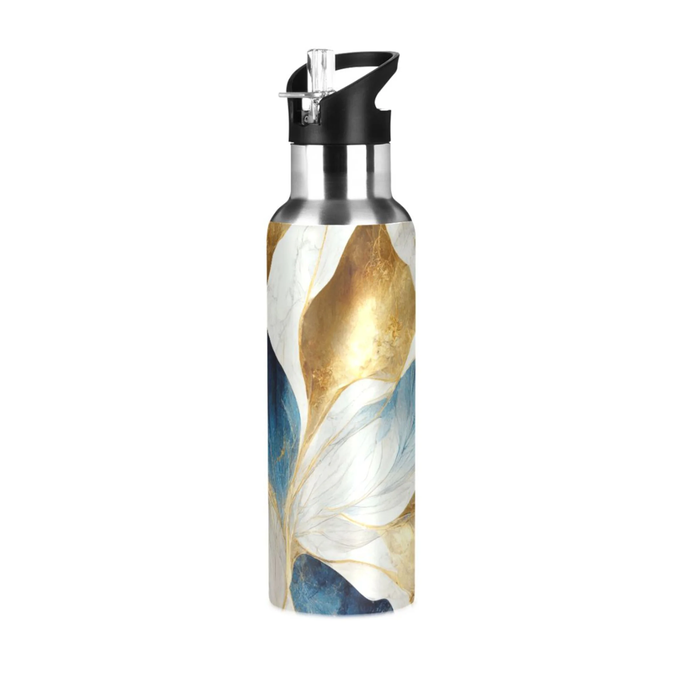 Stainless Steel Water Bottle Abstract Luxury Blue Gold Marble with Straw Lid Vacuum Insulated Leak Proof Flask Jug for Gym Travel Sports Cycling Outdoor 20 OZ