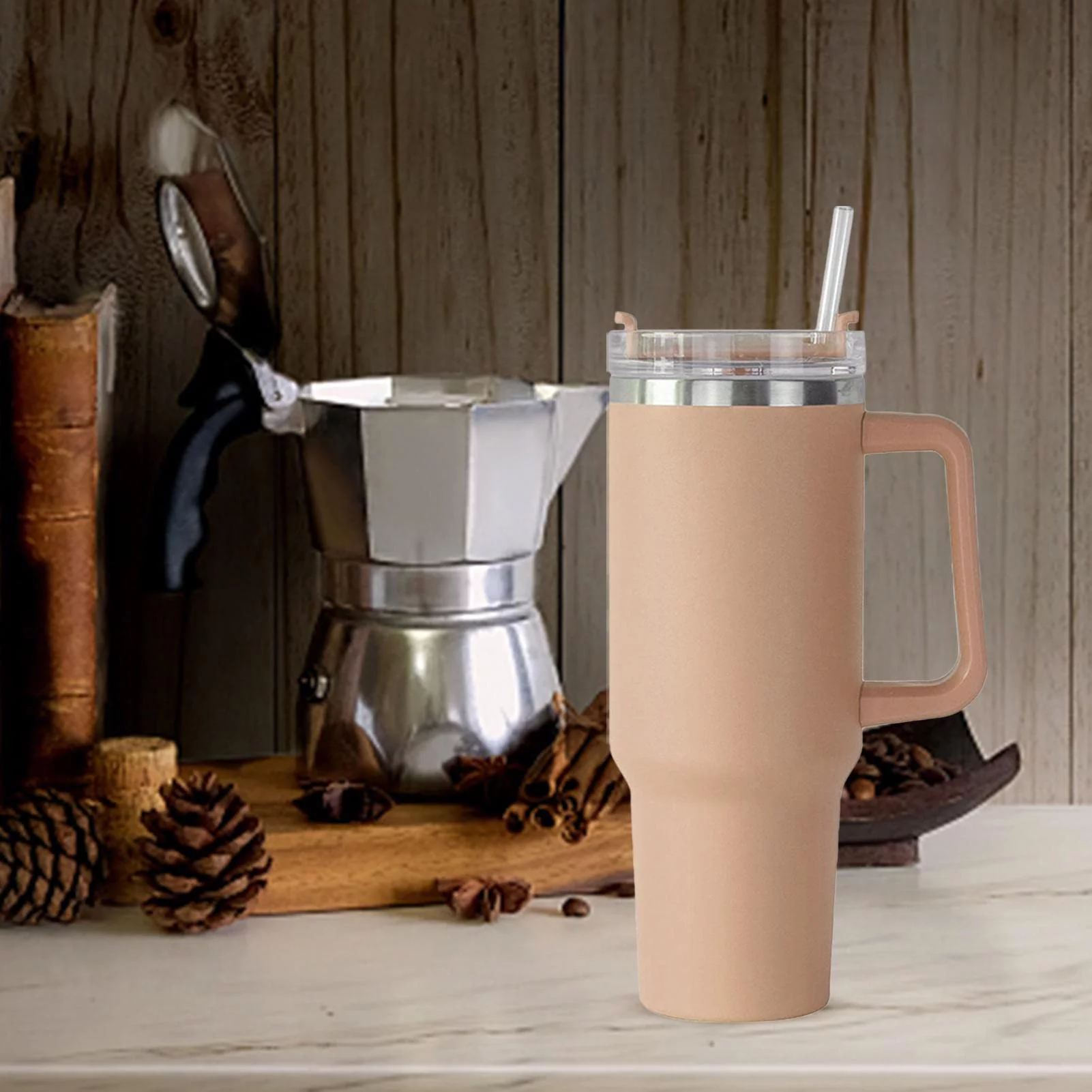 Stainless Steel Water Bottle | Stanleys Cup with Straw and Handle | Tumbler with Handle | Leak Proof Vacuum Insulated Water Bottle for Hot Iced Coffee-Camel