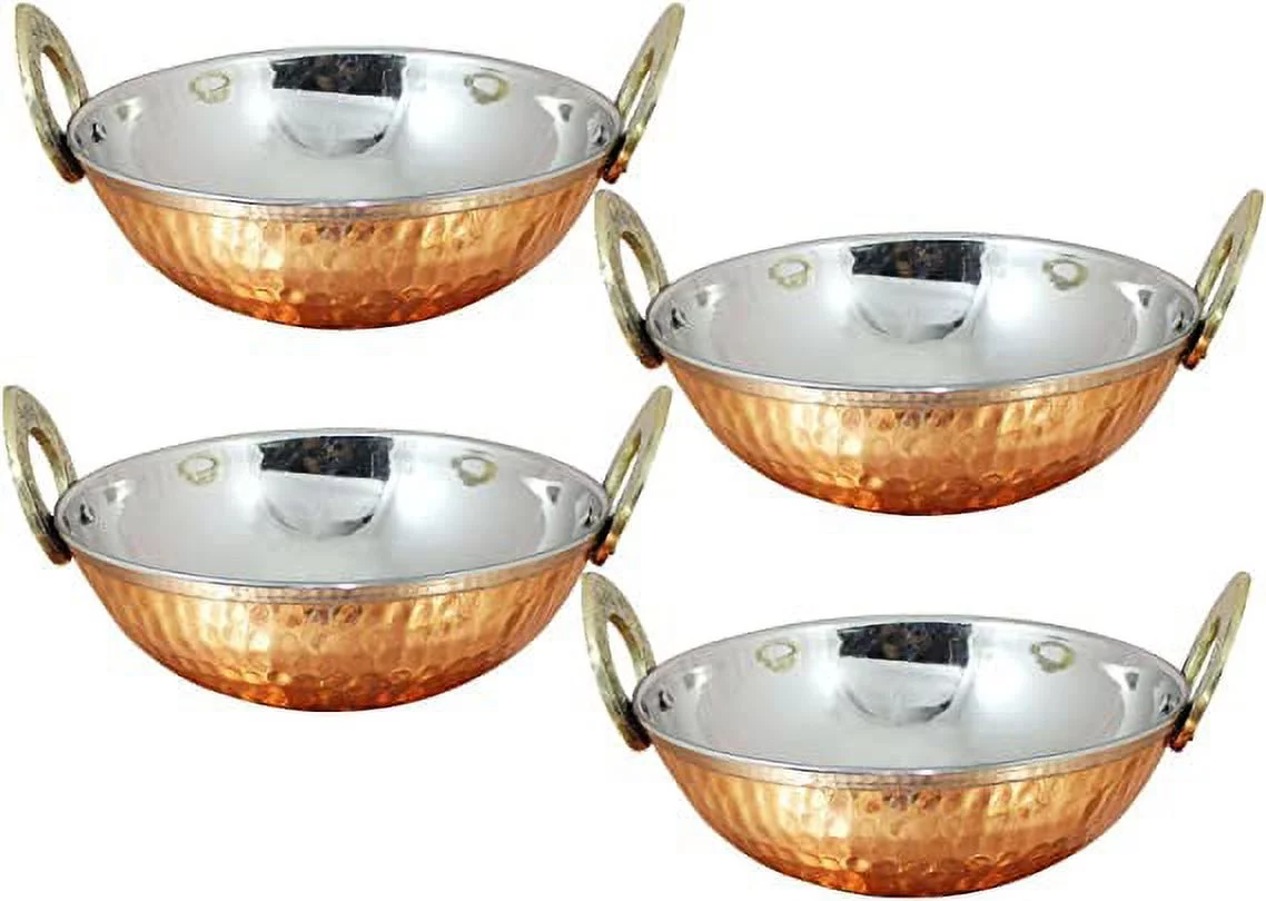 Avs Stores ® Set of 4, Indian Copper Serveware Karahi Vegetable Dinner Bowl with Solid Brass Handle for Indian Food, Diameter- 15 cm (6 Inches)