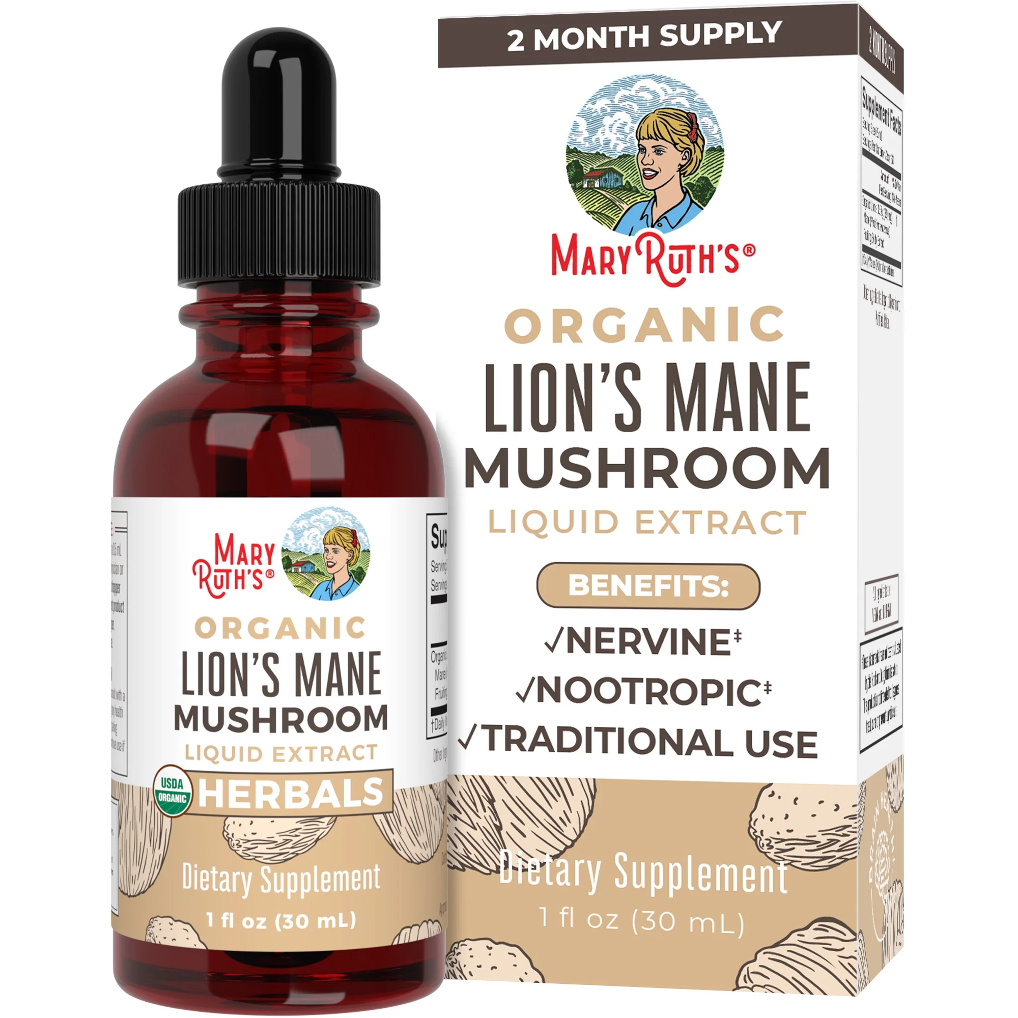 MaryRuth's | USDA Organic Lions Mane Mushroom Liquid Drops | Nootropic Herbal Supplement | Vegan, Non-GMO | 1 fl oz / 30 mL