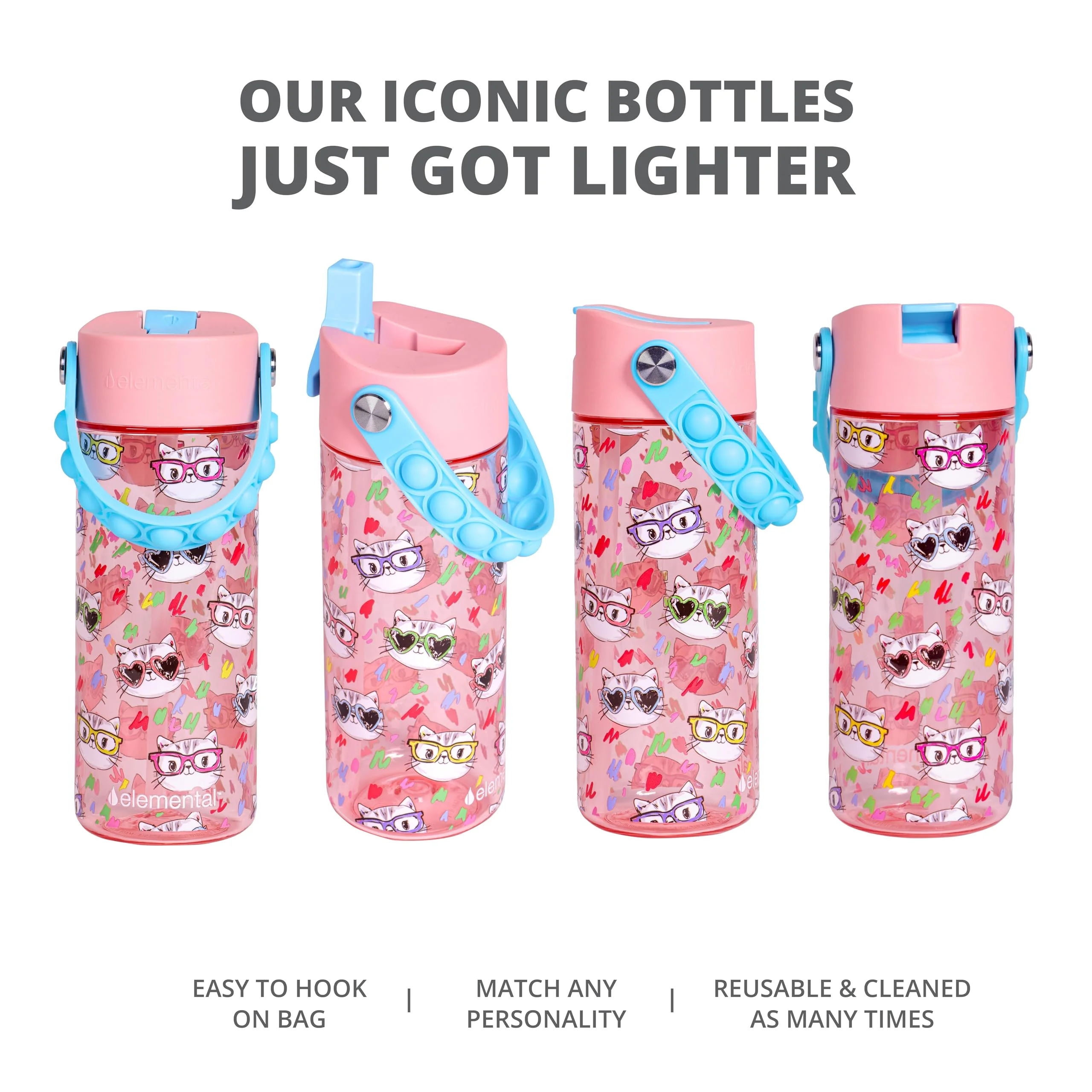 Elemental Splash Kids Water Bottle with Leak Proof Straw Lid & Fidget Popper Handle, 18oz Durable BPA Free Tritan Plastic Water Bottle Dishwasher Safe for Girls and Boys - Stylish Cat