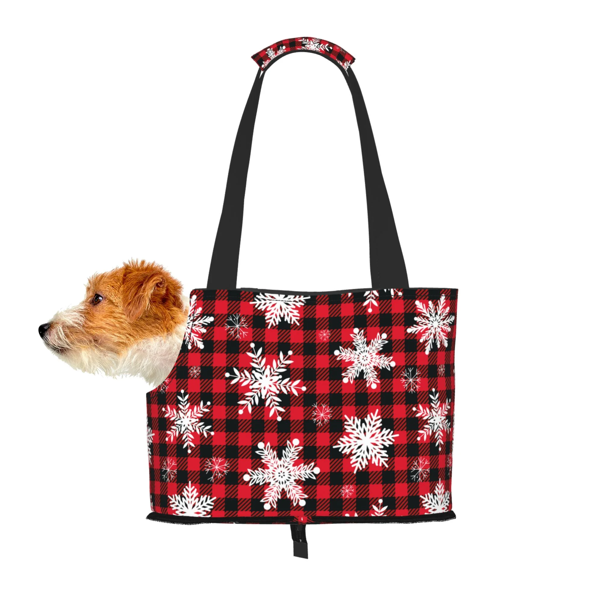 TEQUAN Foldable Dog Purse Carrier, Collapsible Snowflakes Buffalo Plaid Prints Pet Travel Tote Bag for Small Cat Puppy, Waterproof Dog Soft-Sided Carriers