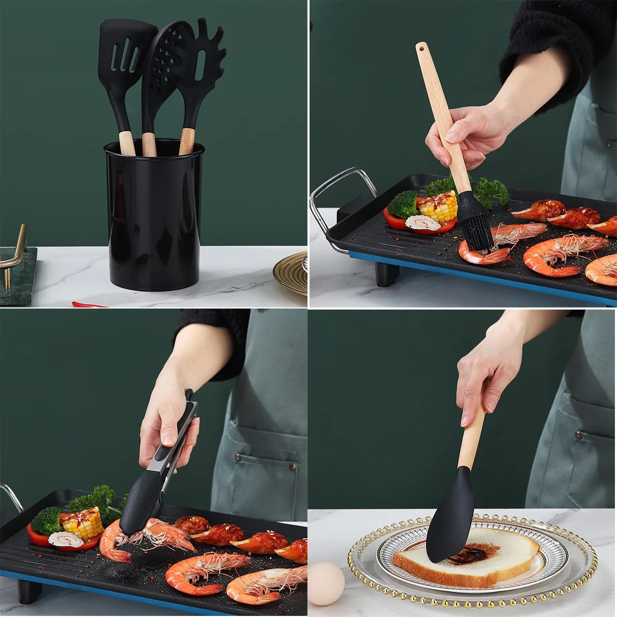 ReaNea Silicone Kitchen Utensils Set 38 Pieces and Utensil Holder (Black)