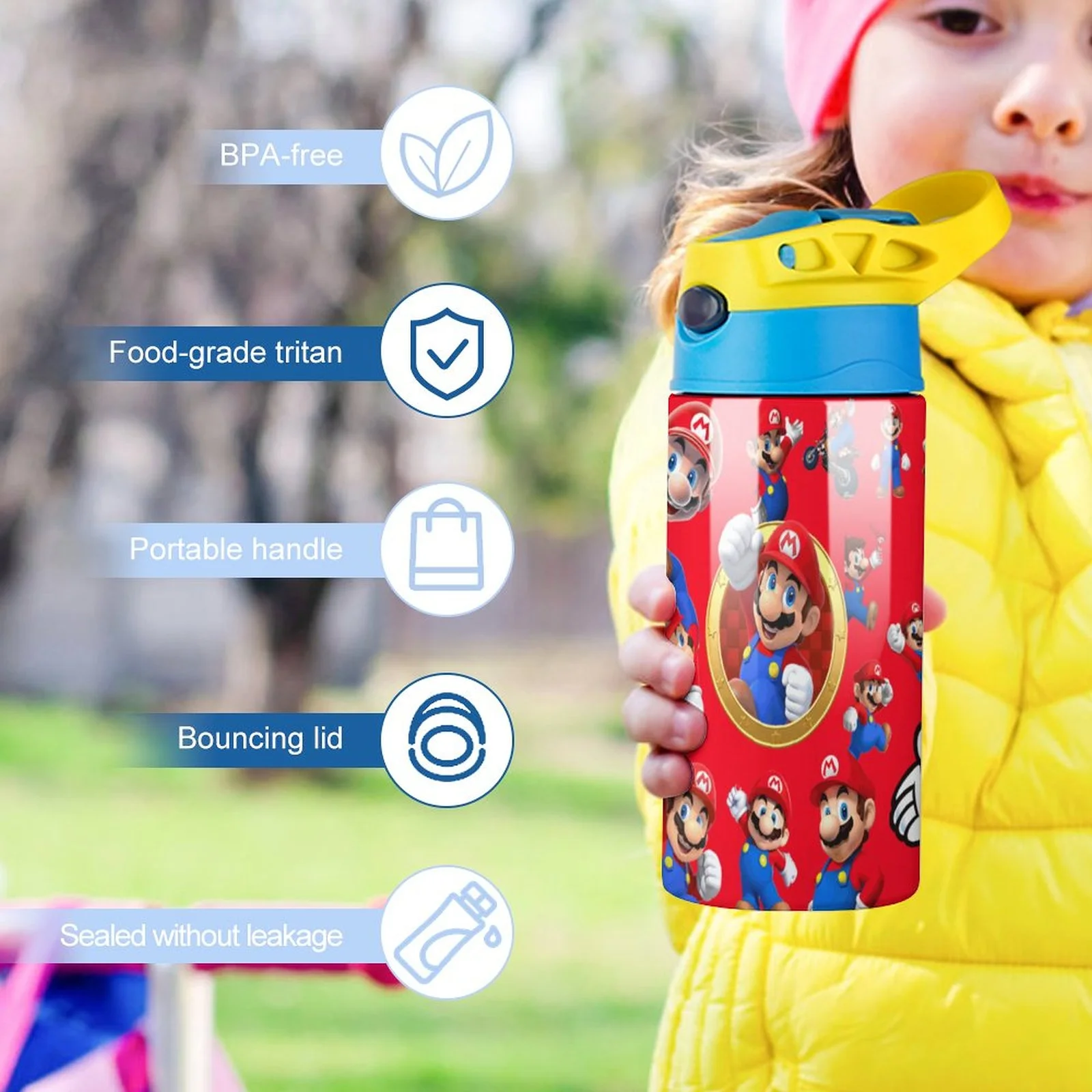 Mario Character Kid's Insulated Water Bottle With Straw Vacuum Stainless Steel Cup Leak-Proof Children Toddler Thermoses