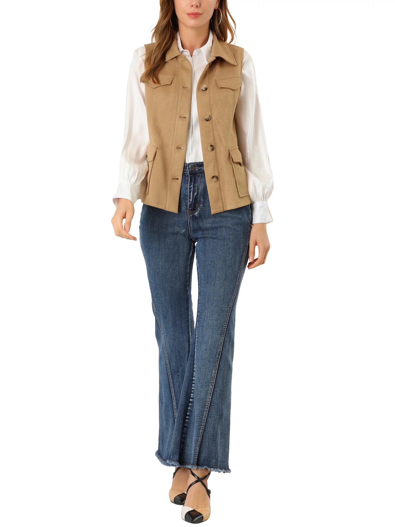 Allegra K Women's Rustic Sleeveless Jacket Button Up Faux Suede Utility Anorak Cargo Vest