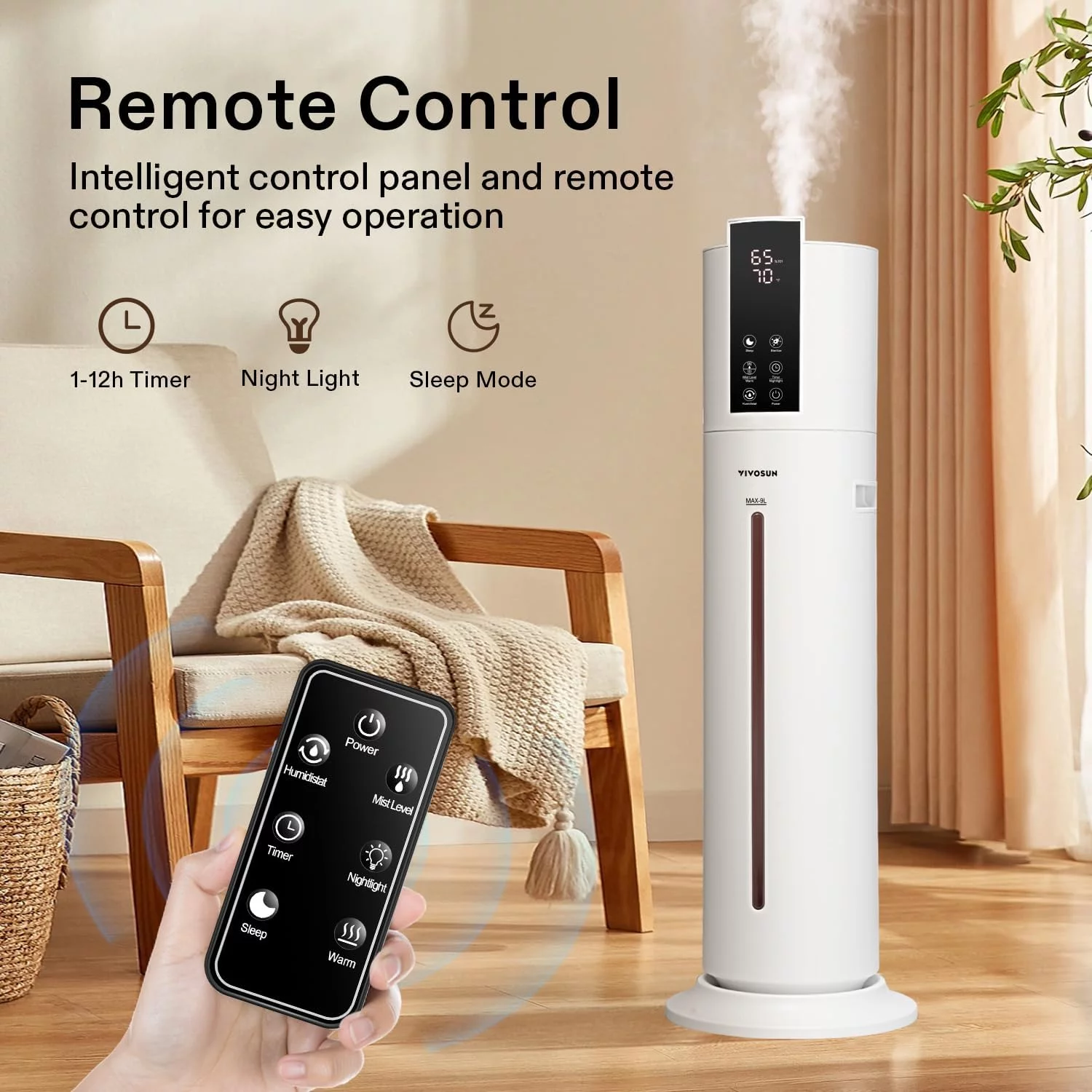 VIVOSUN 9L Air Humidifier, 2-in-1 Top Fill Cool & Warm Mist Humidifier, with Essential Oil Box & Remote Control