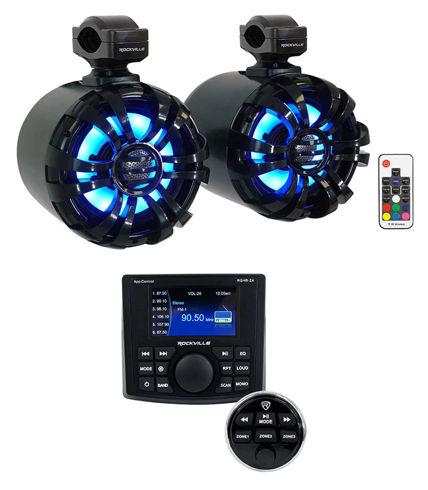 Rockville RGHR-ZA 4 Zone Marine Bluetooth Stereo+2) Black LED Wakeboard Speakers