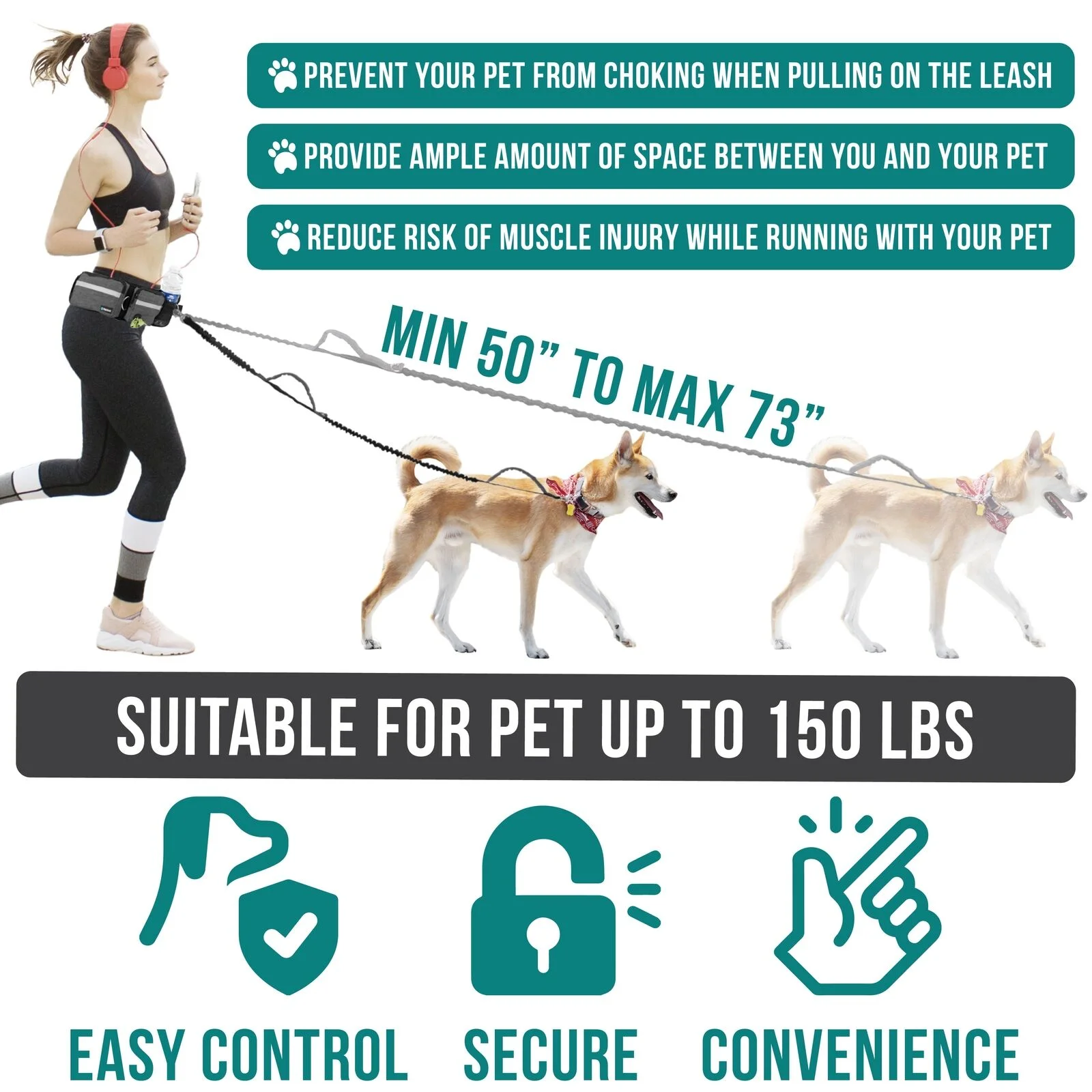 Dog Leash Waist Belt Hands Free Running Jogging Walking Fanny 2 Bungee Leashes