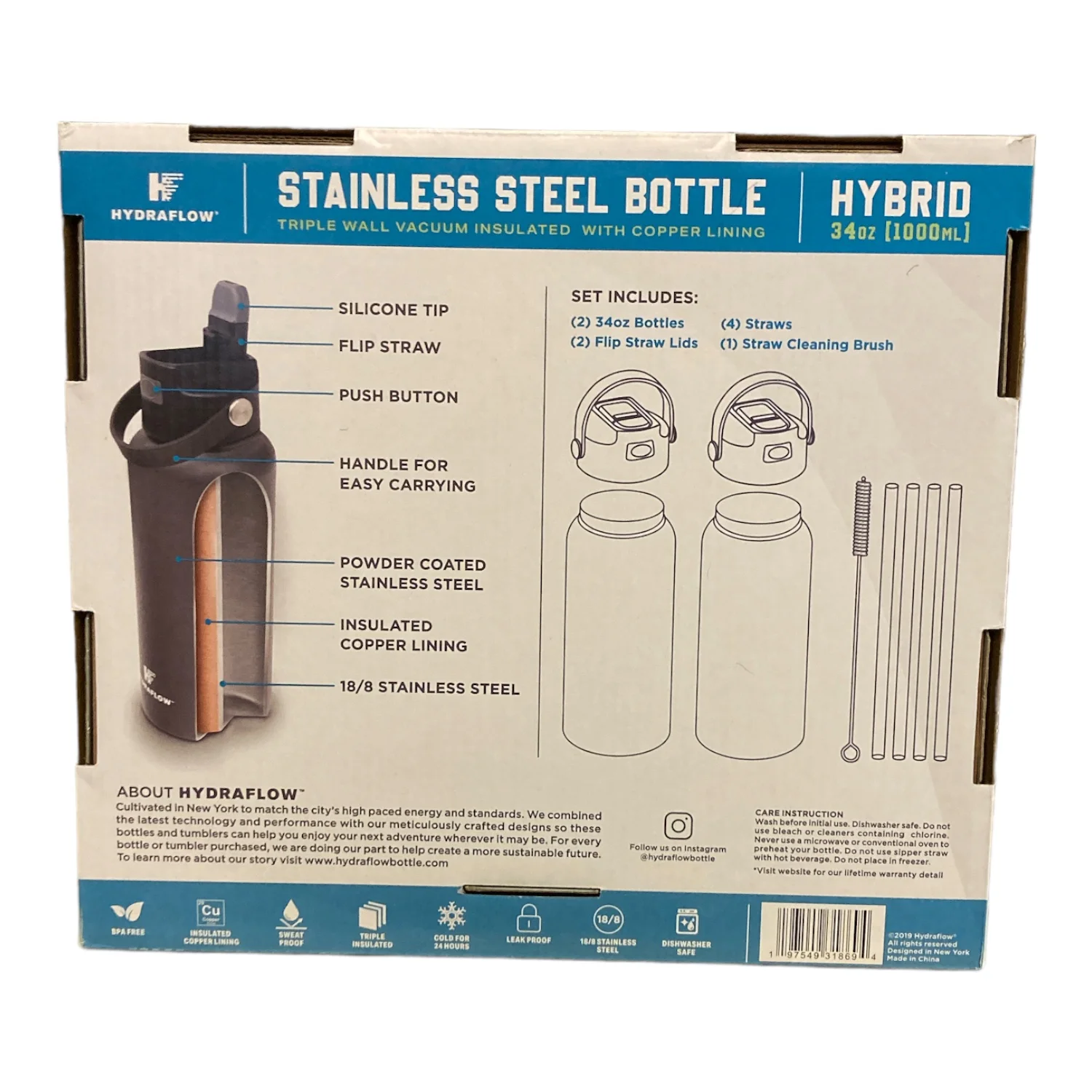 Hydraflow 34-oz. Hybrid Double Wall Stainless Steel Bottle, 2 Pack (Natural)