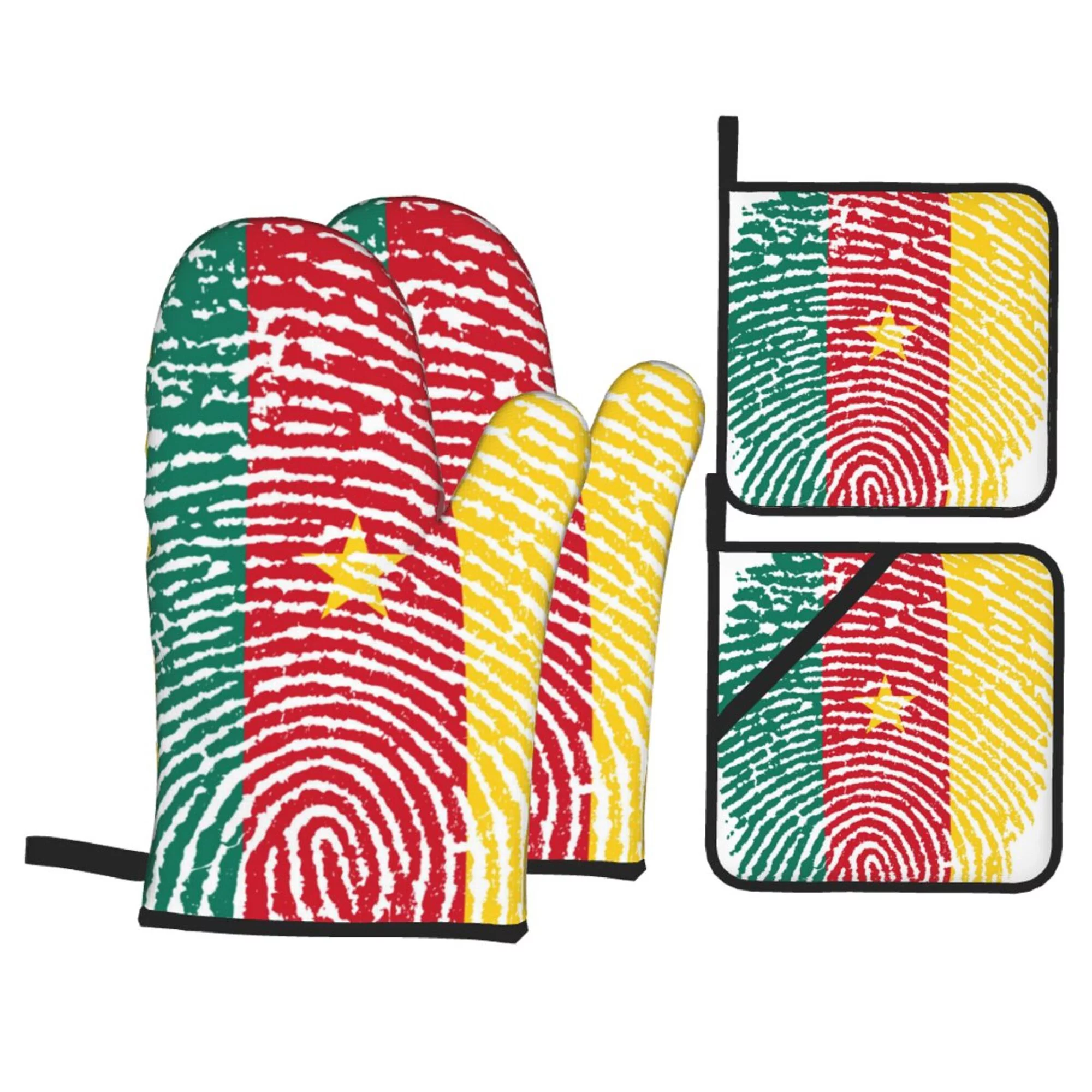 Cameroon Flag Oven Mitts And Pot Holders Sets Baking Sets For Kitchen Bbq Gloves Heat Resistant Cooking Fingerprint Country Pride 4 Pcs