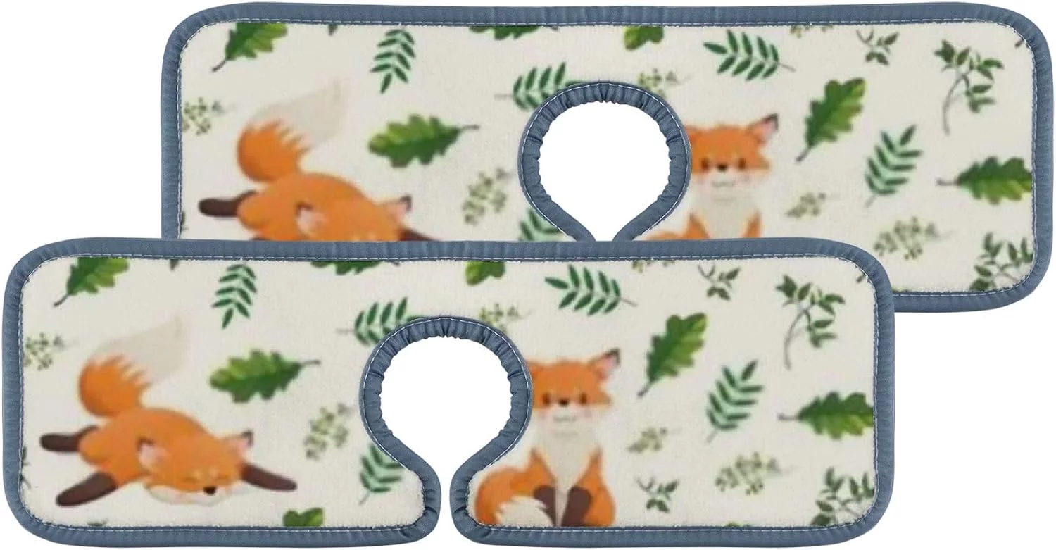 SKYSONIC Faucet Absorbent Mat 2 Pcs Fox Butterfly and Leaves Kitchen Faucet Splash Catcher Washable Counter Drying Pads Behind Faucet for Kitchen Bathroom